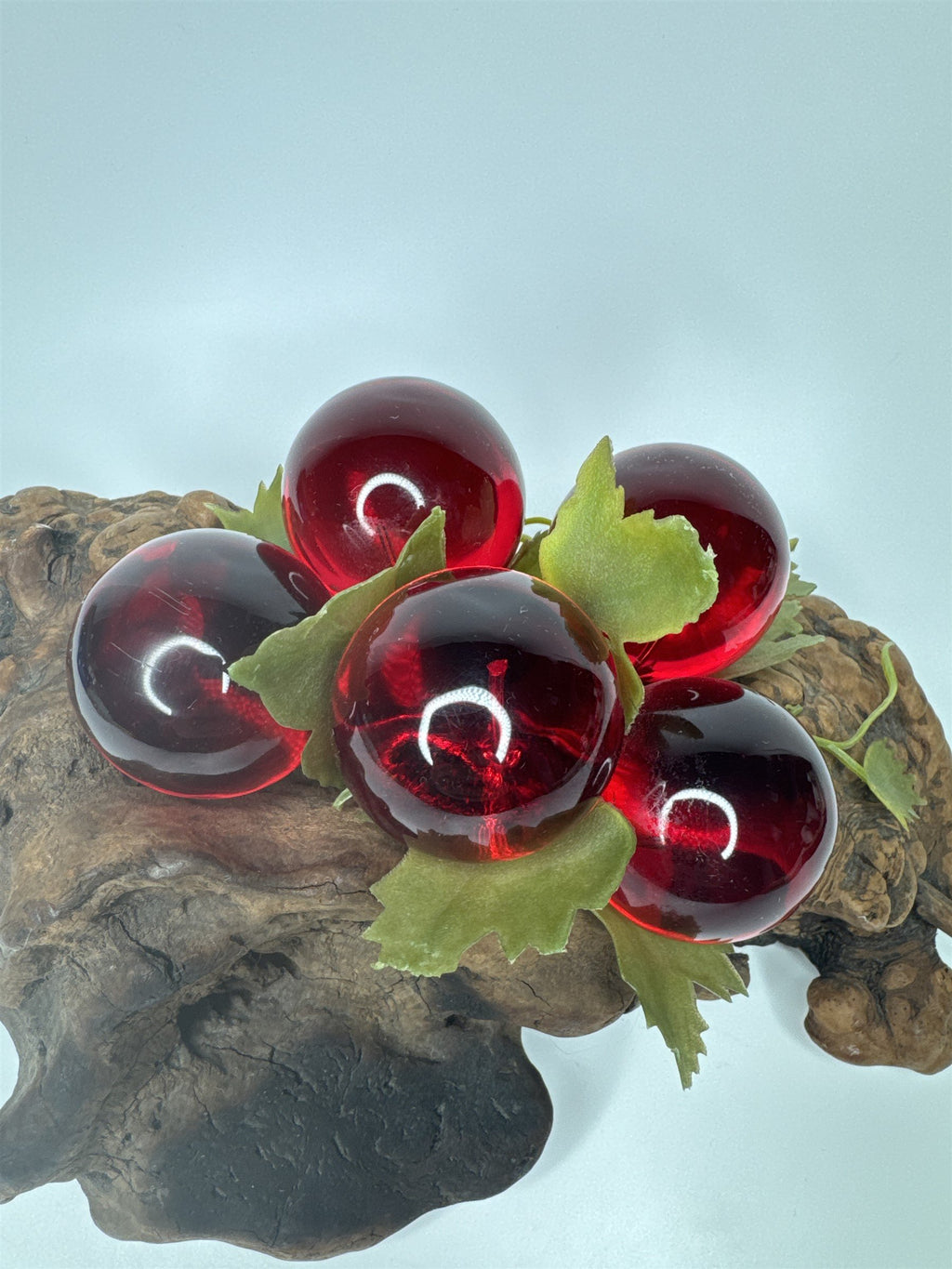 Vintage Red Lucite Grapes Cluster Mounted on 10-1/2" Driftwood Log