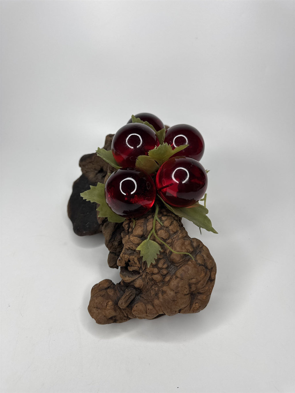 Vintage Red Lucite Grapes Cluster Mounted on 10-1/2" Driftwood Log