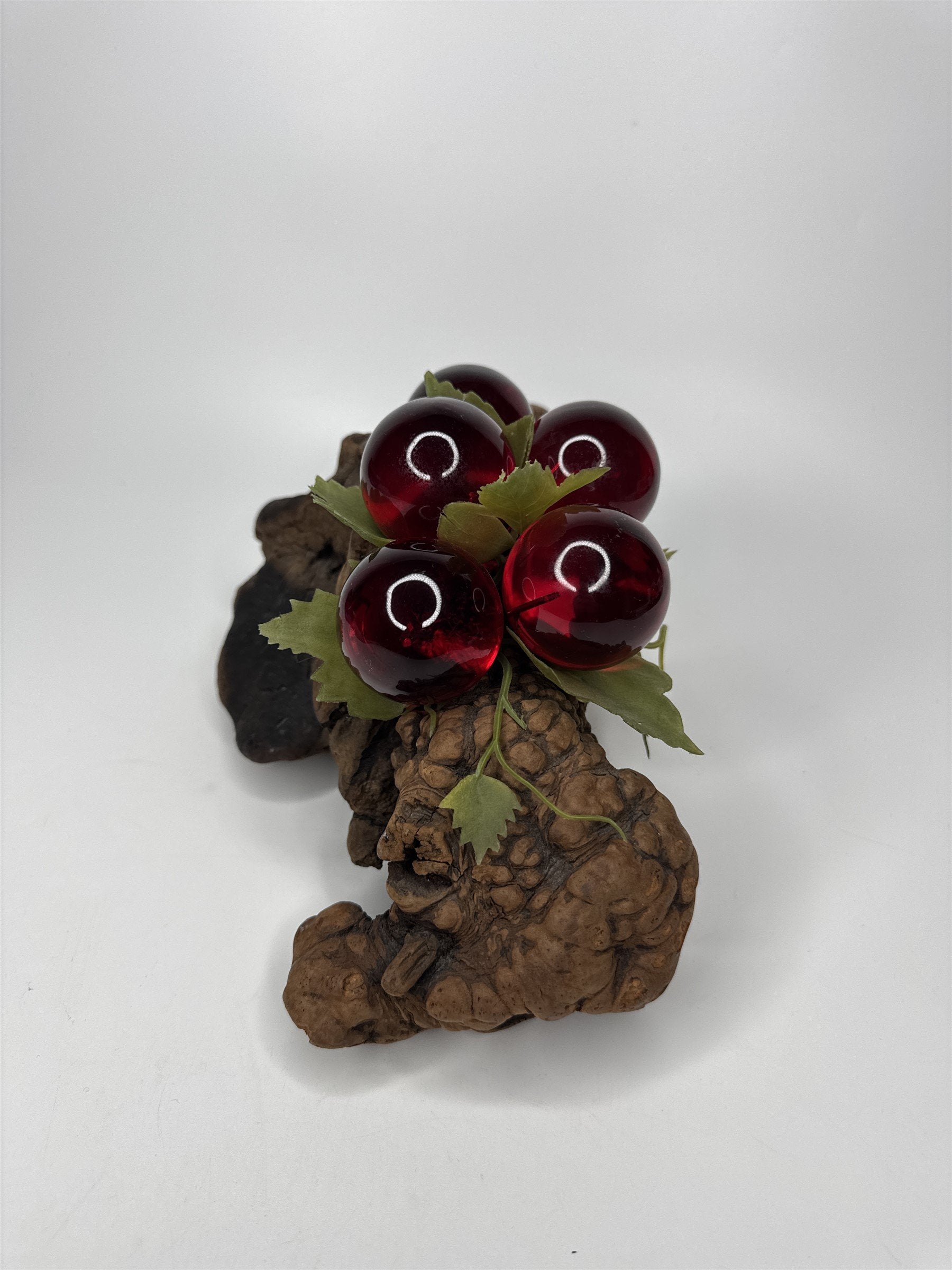 Vintage Red Lucite Grapes Cluster Mounted on 10-1/2" Driftwood Log