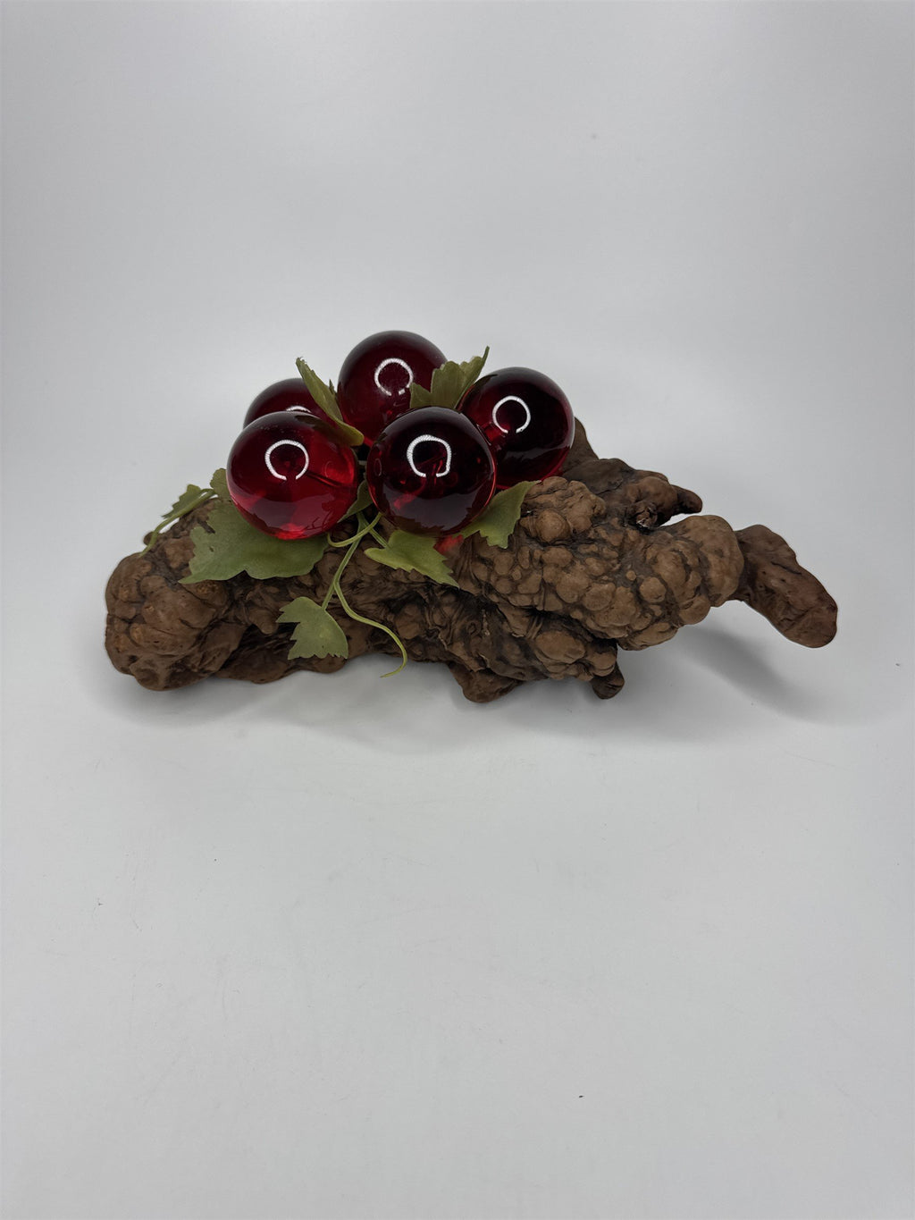 Vintage Red Lucite Grapes Cluster Mounted on 10-1/2" Driftwood Log