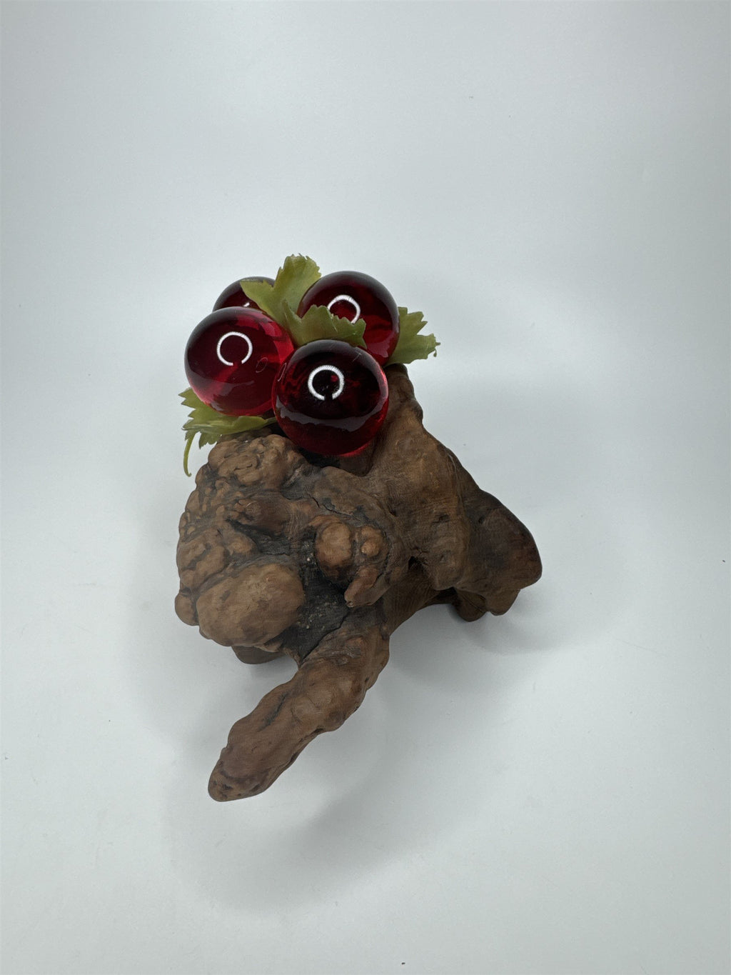 Vintage Red Lucite Grapes Cluster Mounted on 10-1/2" Driftwood Log