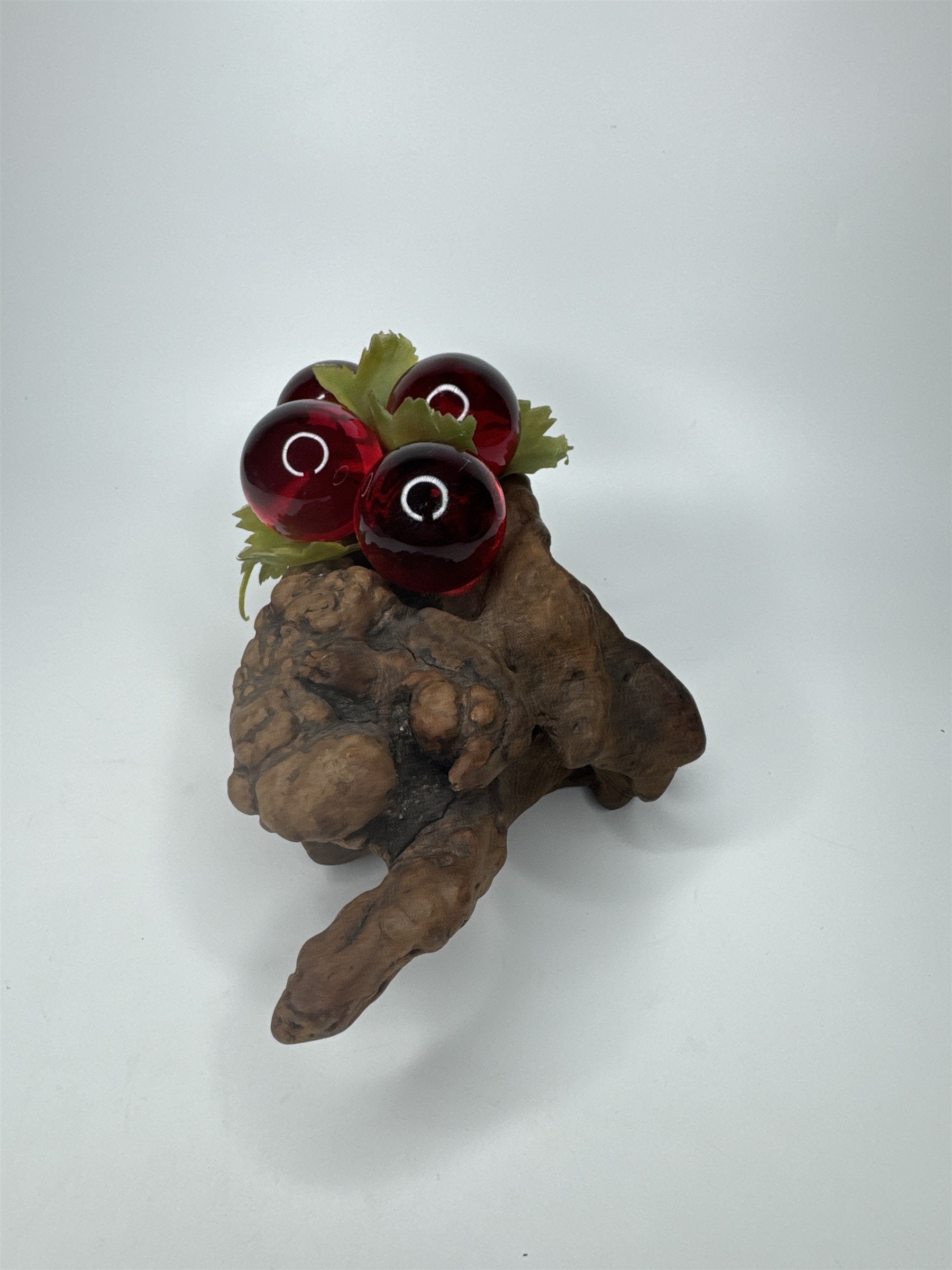 Vintage Red Lucite Grapes Cluster Mounted on 10-1/2" Driftwood Log