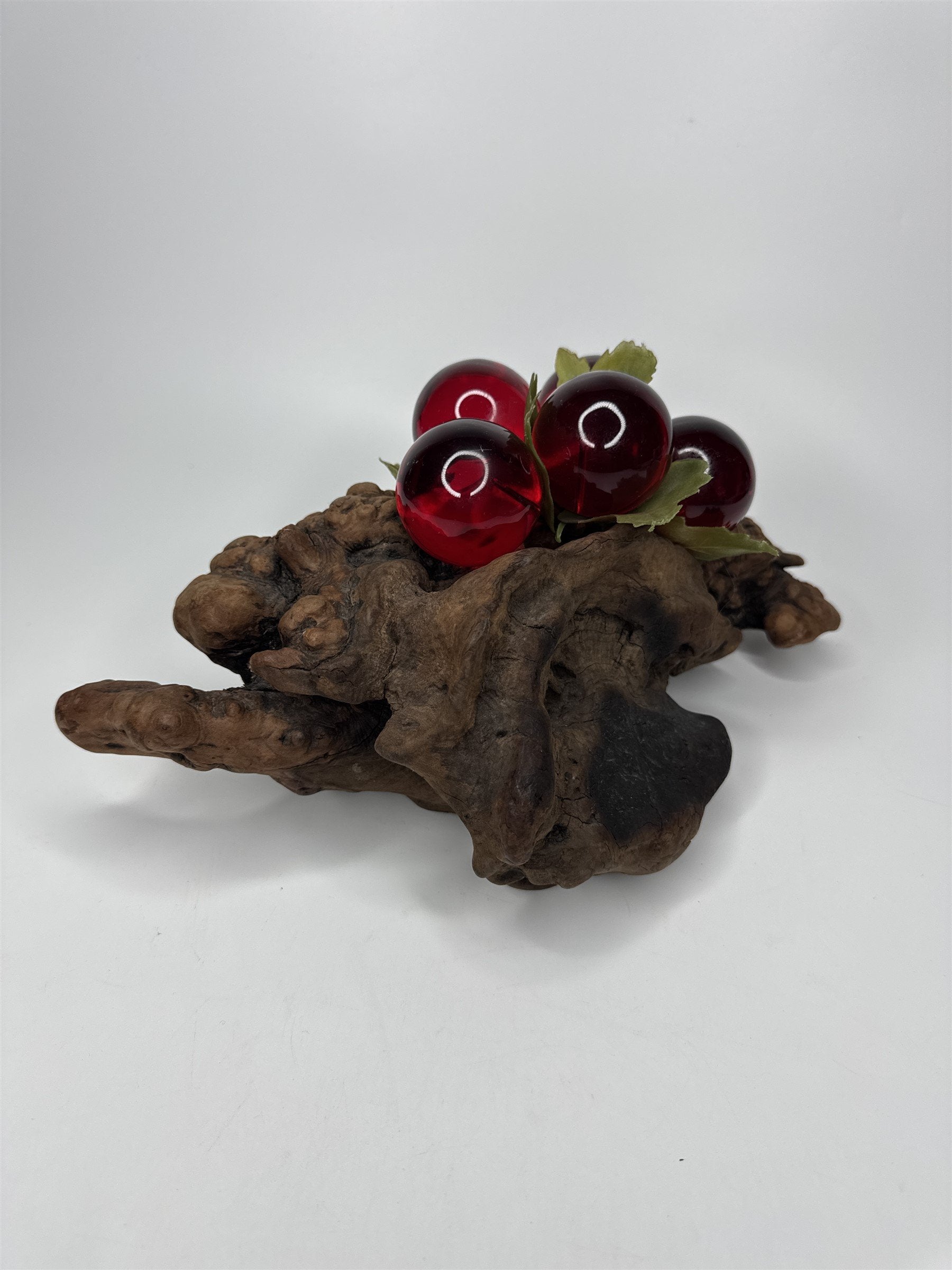 Vintage Red Lucite Grapes Cluster Mounted on 10-1/2" Driftwood Log