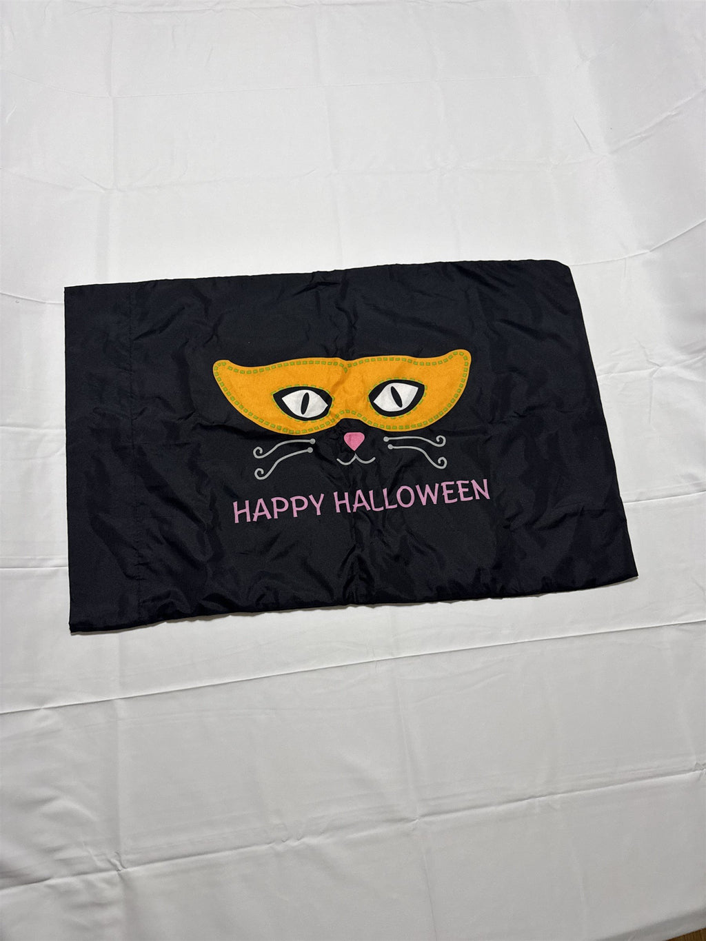Happy Halloween Cat in Mask With Whiskers Holiday Seasonal Black Pillow Case