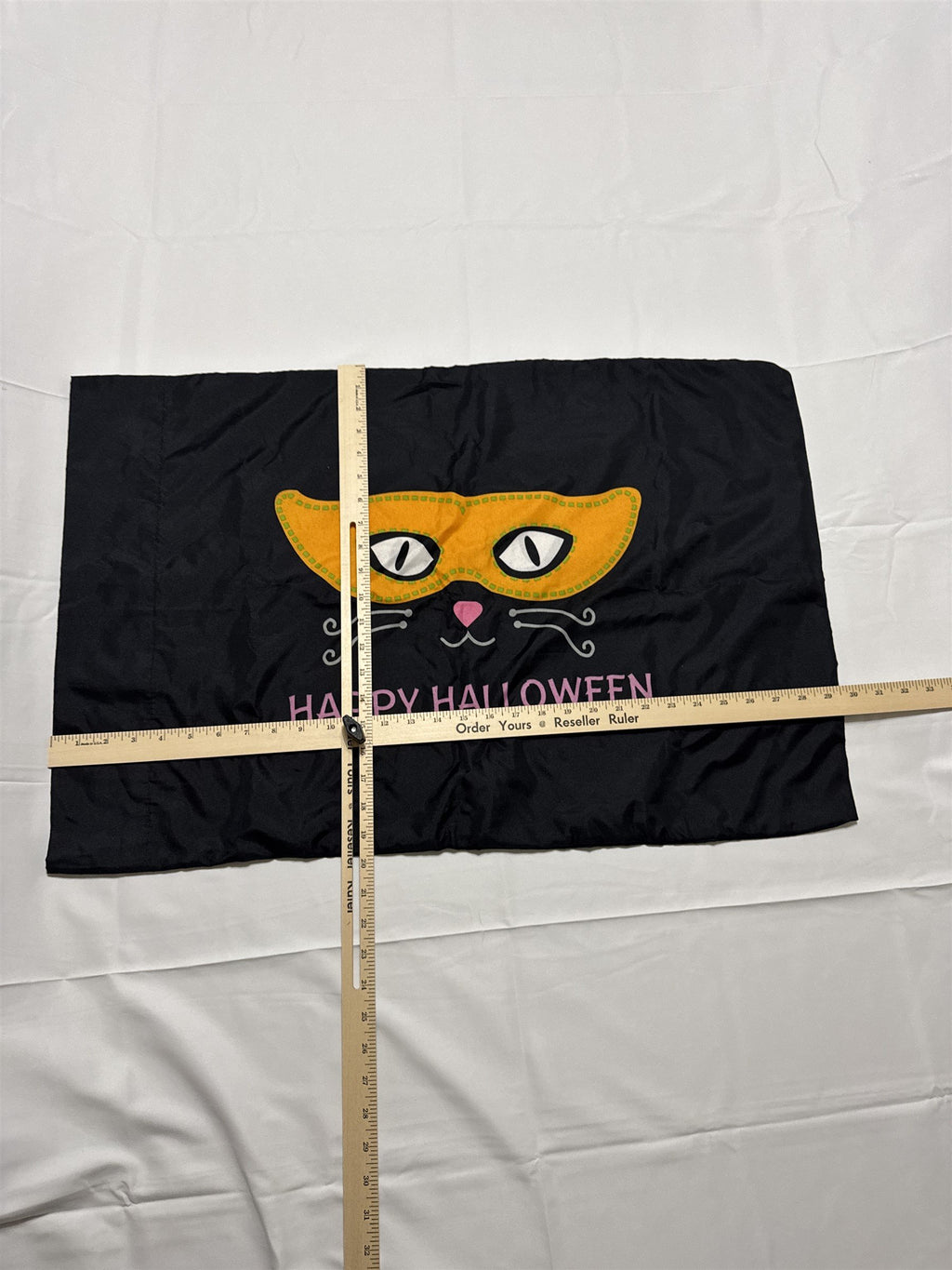 Happy Halloween Cat in Mask With Whiskers Holiday Seasonal Black Pillow Case