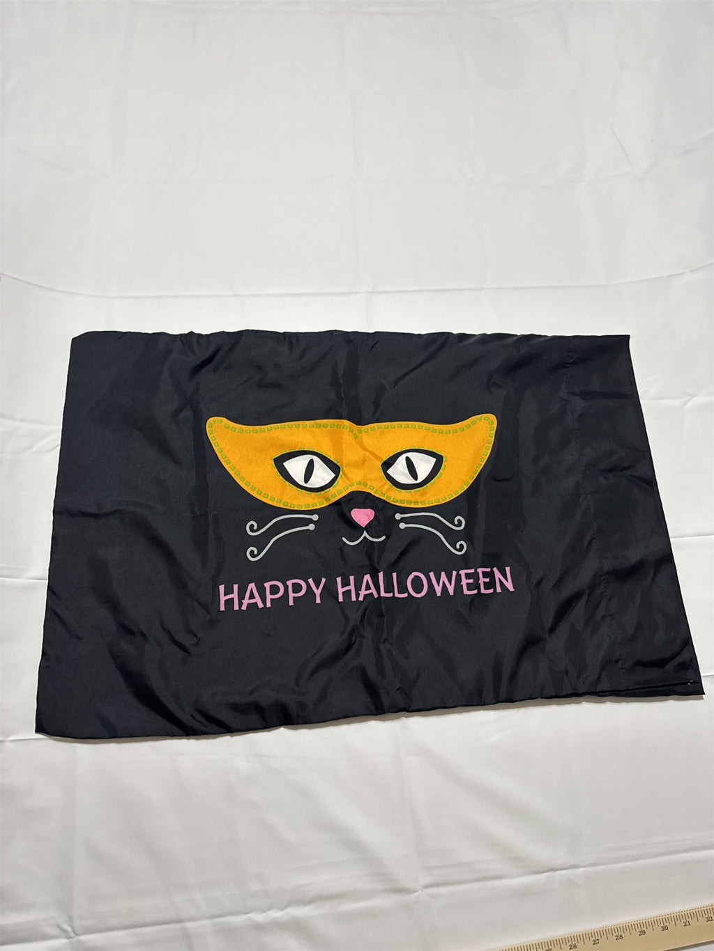 Happy Halloween Cat in Mask With Whiskers Holiday Seasonal Black Pillow Case
