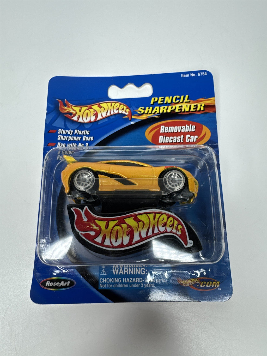 Vintage 2001 NOS Rose Art Hot Wheels Pencil Sharpener Yellow Removable Die Car