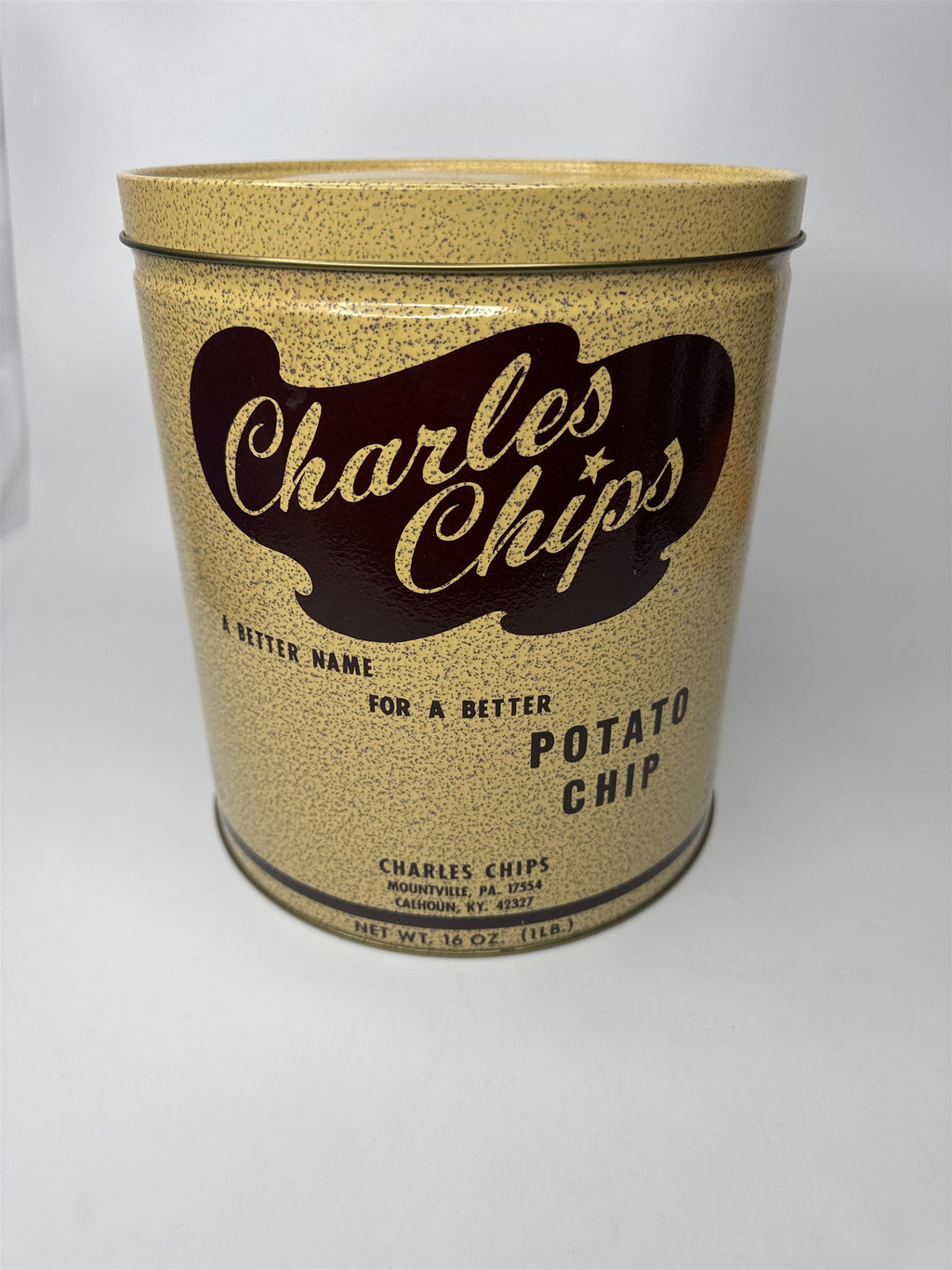 Charles Chips Farm Fresh Potato Chip 1 Pound Empty Textured Tin Vintage Ad PA KY