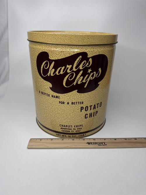 Charles Chips Farm Fresh Potato Chip 1 Pound Empty Textured Tin Vintage Ad PA KY