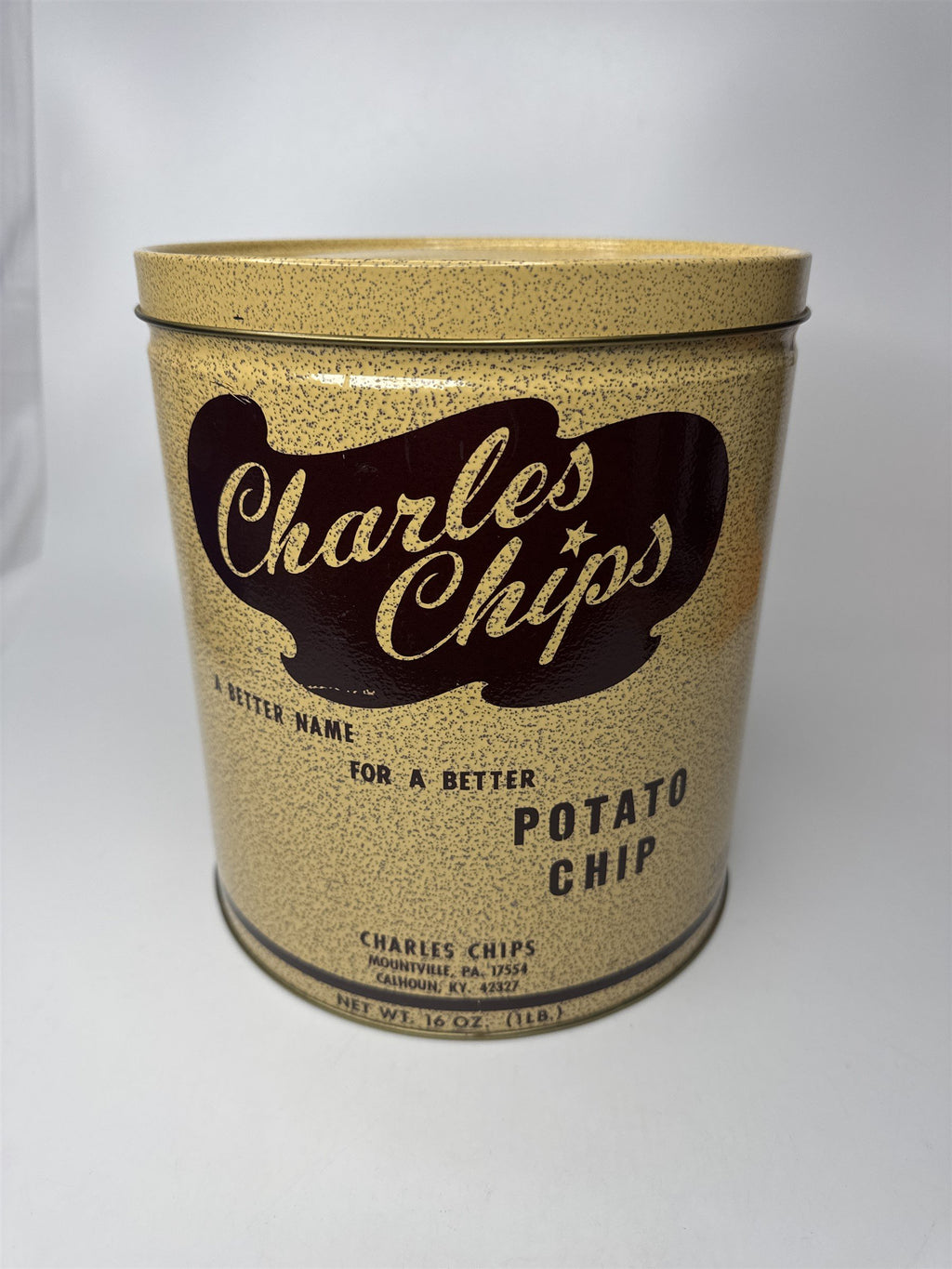 Charles Chips Farm Fresh Potato Chip 1 Pound Empty Textured Tin Vintage Ad PA KY