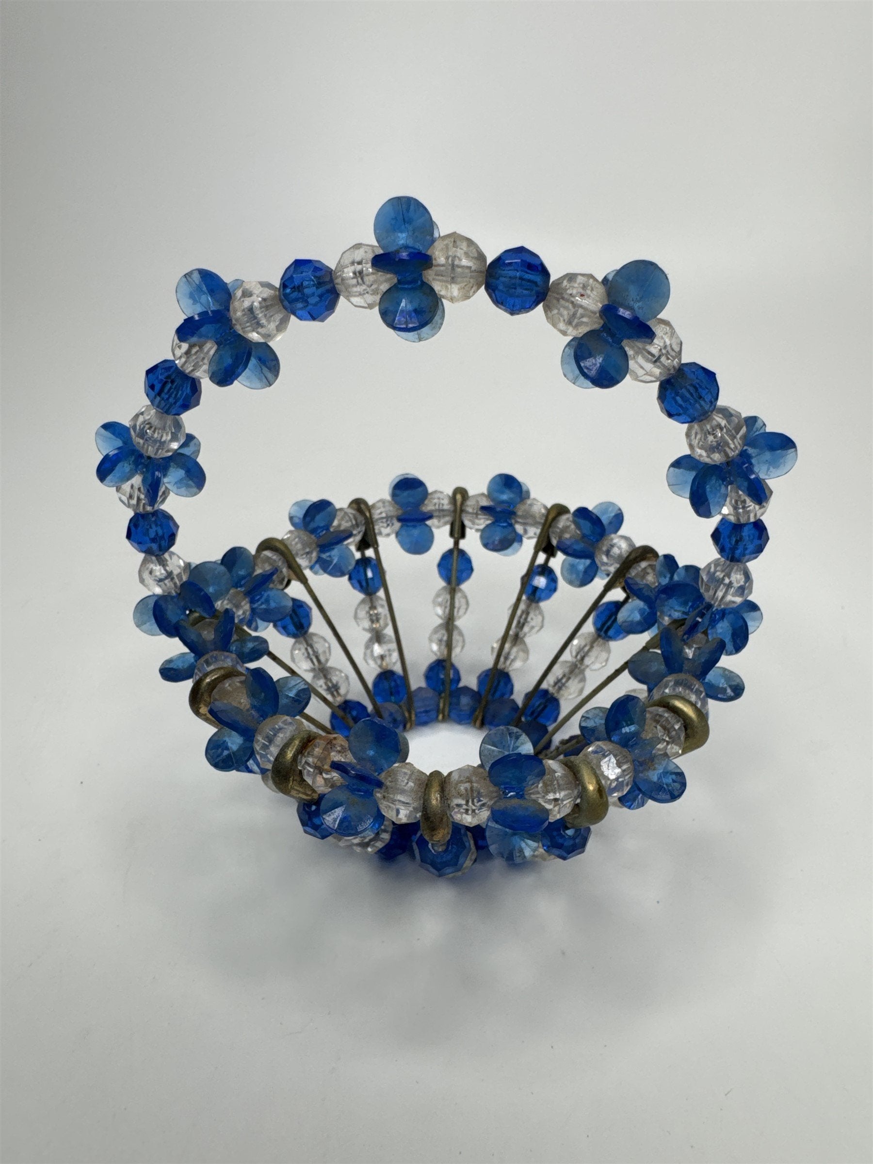 Vintage Blue Safety Pin Handmade Beaded Basket