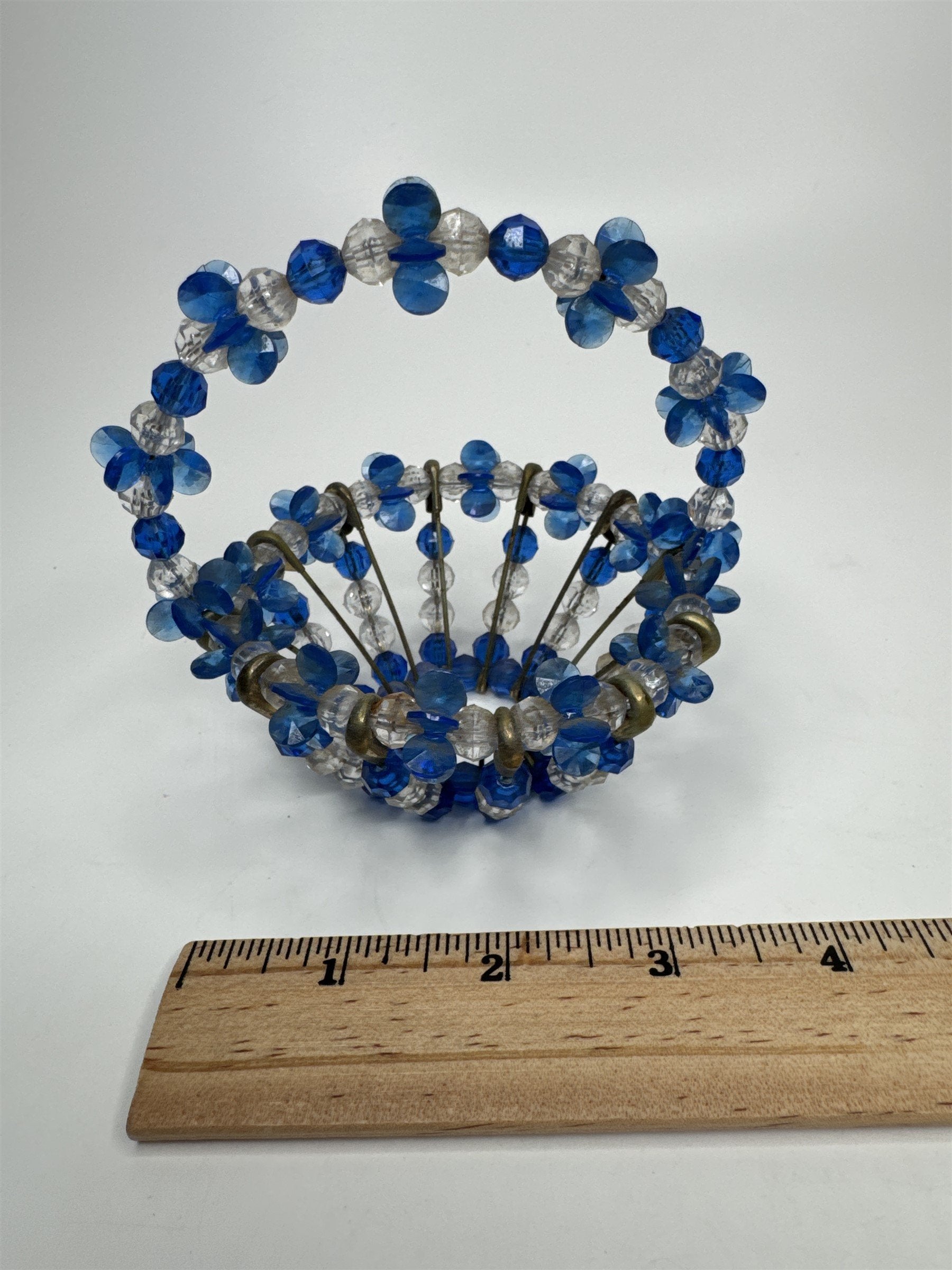 Vintage Blue Safety Pin Handmade Beaded Basket