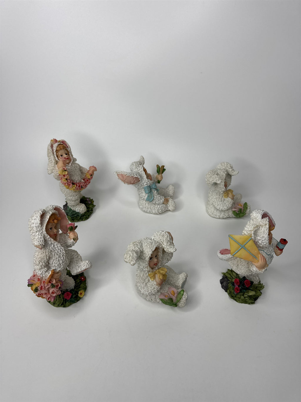 Lot of 6 K's Collection Polyresin Girls Kids in Bunny Rabbit Easter Suits Figure