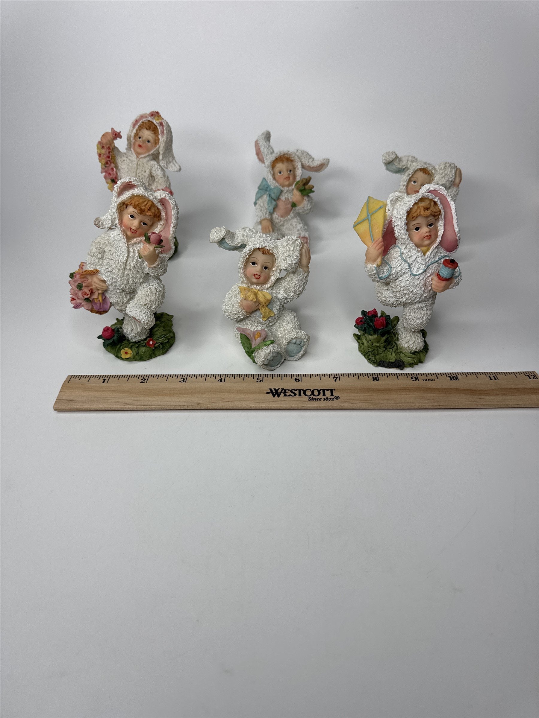Lot of 6 K's Collection Polyresin Girls Kids in Bunny Rabbit Easter Suits Figure