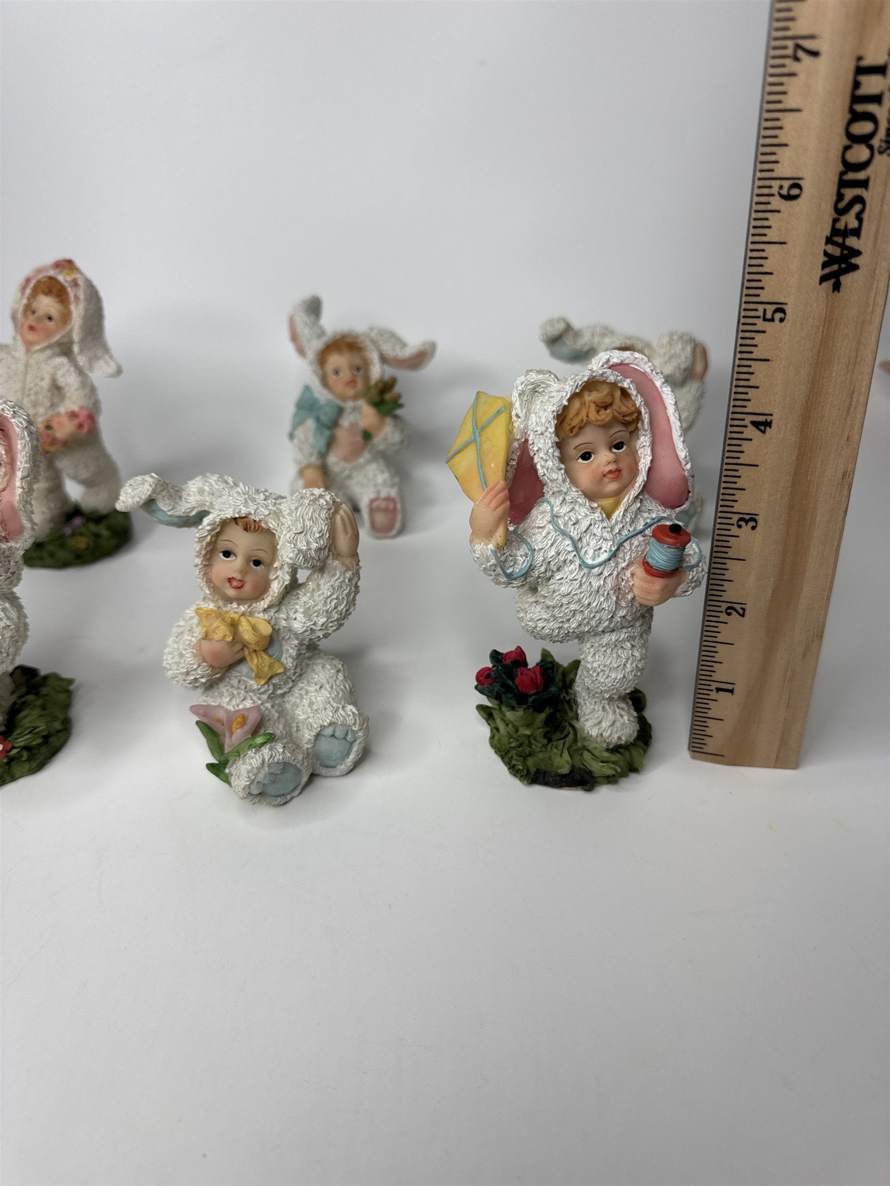 Lot of 6 K's Collection Polyresin Girls Kids in Bunny Rabbit Easter Suits Figure