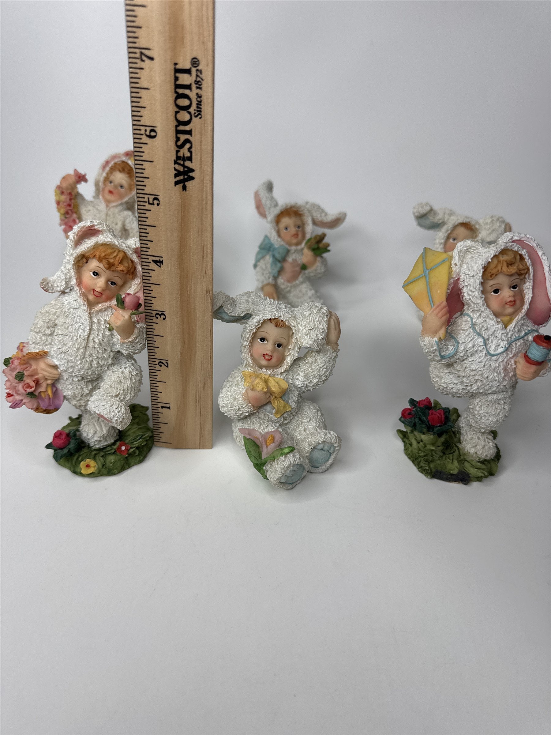 Lot of 6 K's Collection Polyresin Girls Kids in Bunny Rabbit Easter Suits Figure