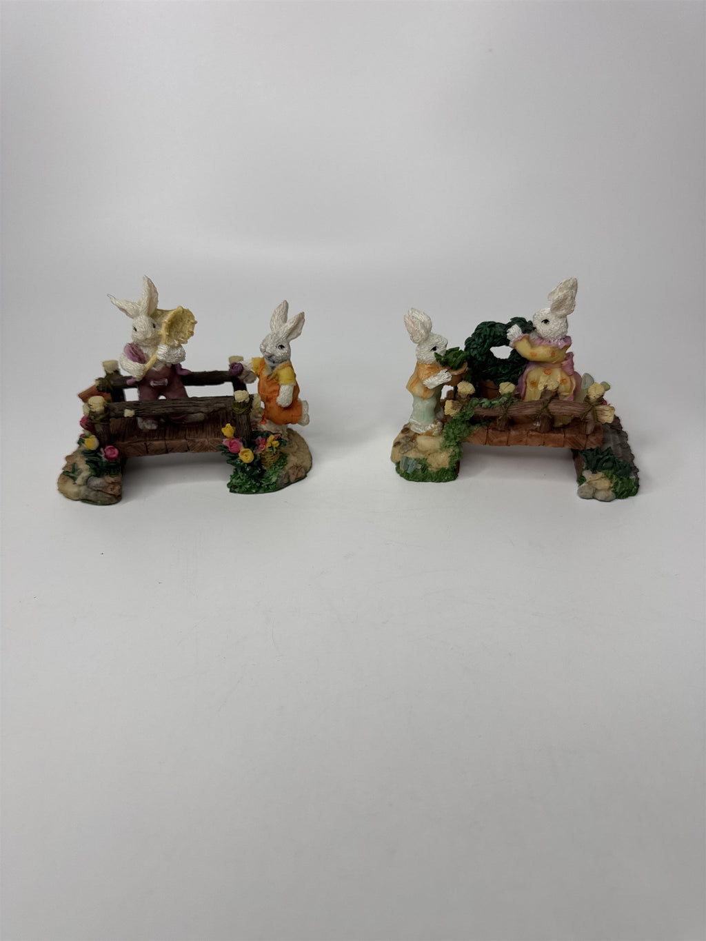 Set of 2 K's Collection Easter Bunny Rabbit Wooden Bridges Resin Figurines