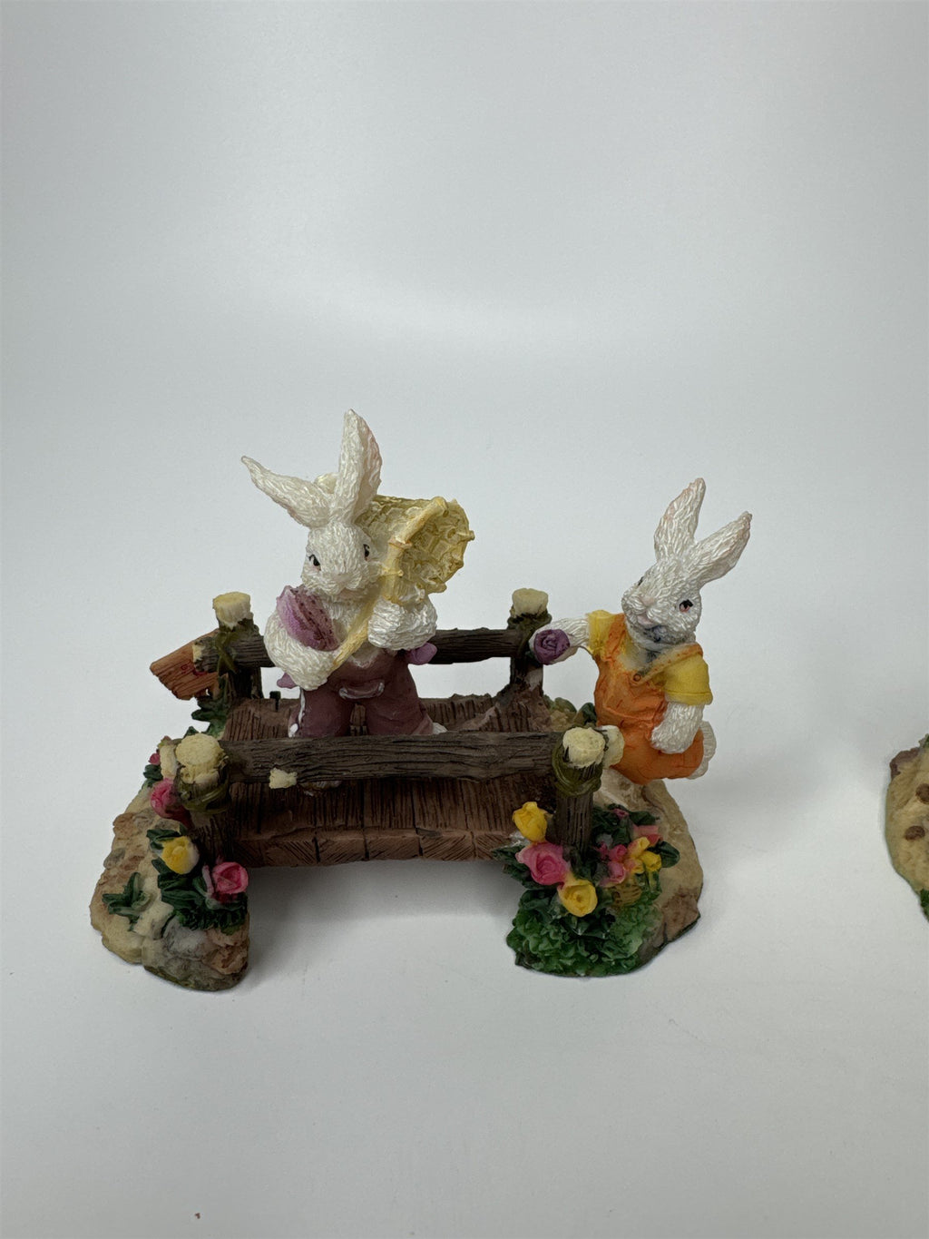 Set of 2 K's Collection Easter Bunny Rabbit Wooden Bridges Resin Figurines