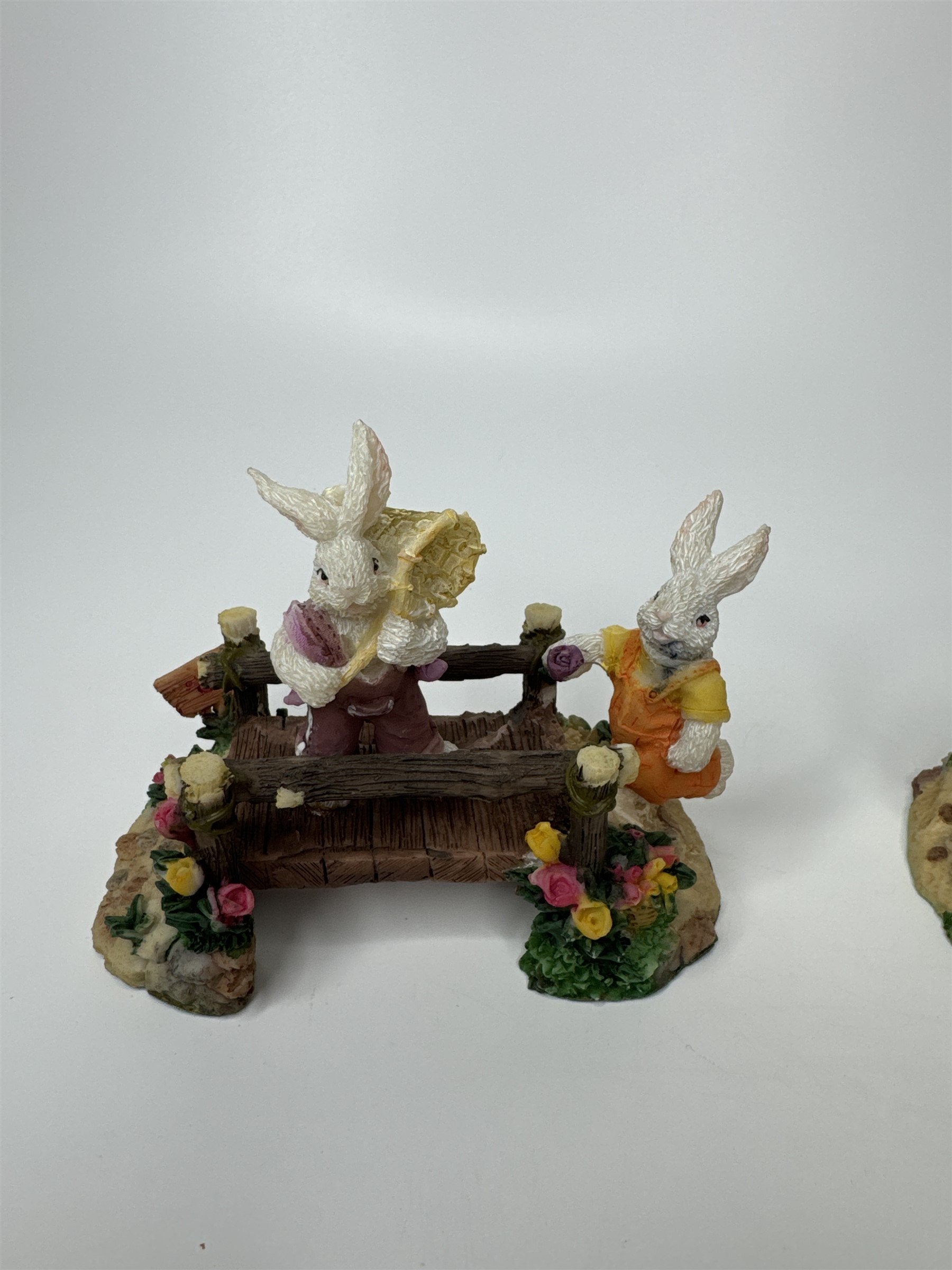 Set of 2 K's Collection Easter Bunny Rabbit Wooden Bridges Resin Figurines