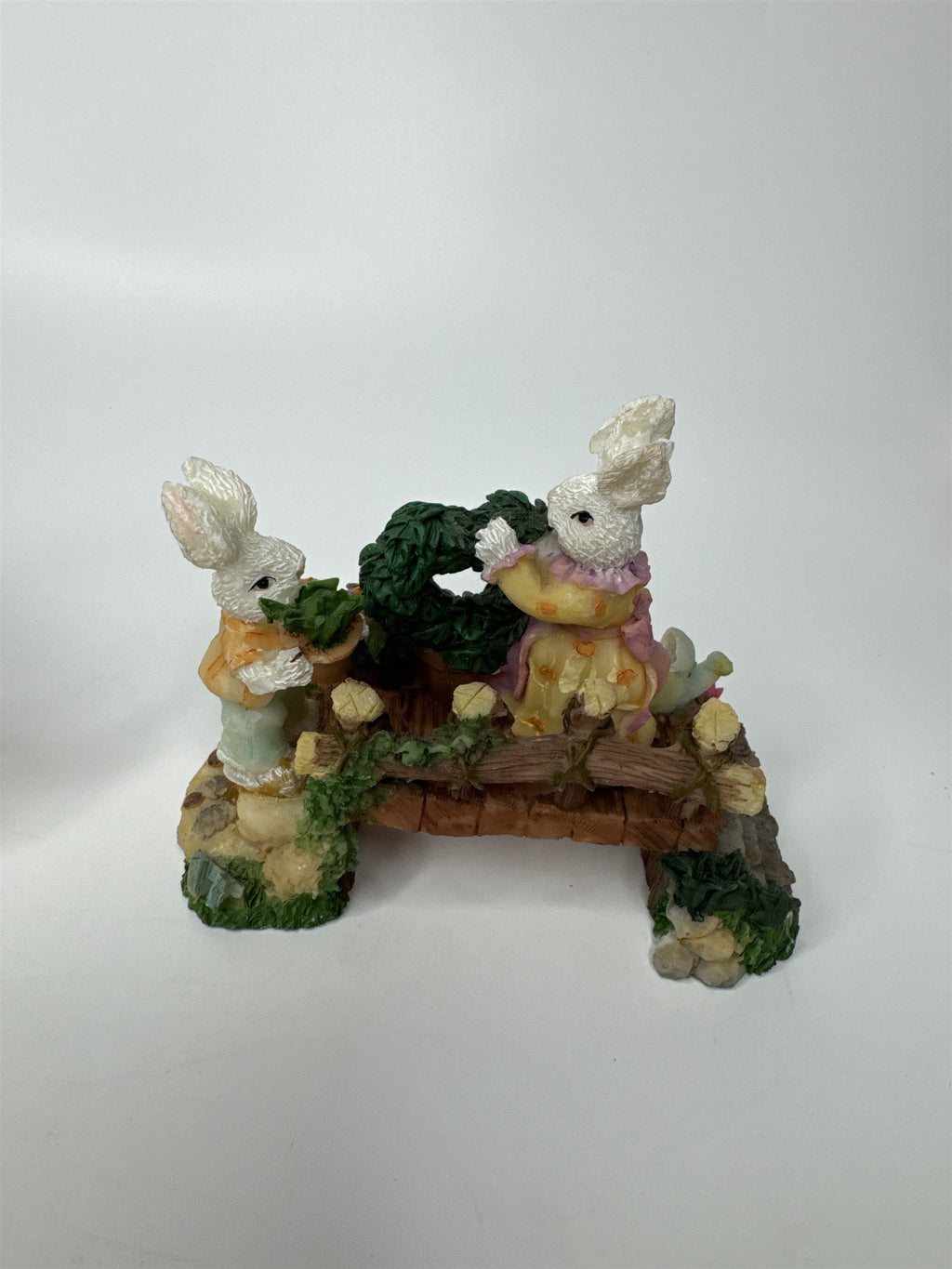Set of 2 K's Collection Easter Bunny Rabbit Wooden Bridges Resin Figurines