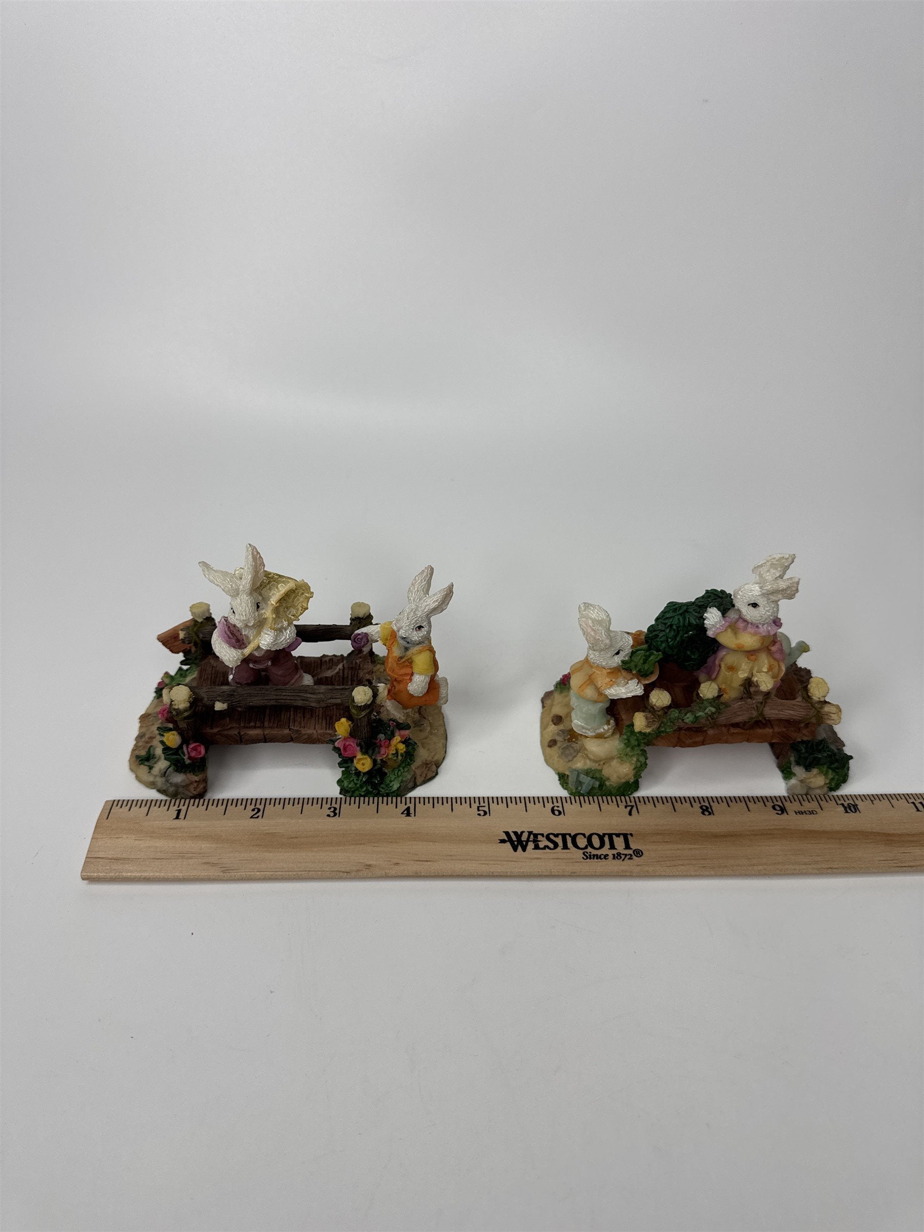 Set of 2 K's Collection Easter Bunny Rabbit Wooden Bridges Resin Figurines