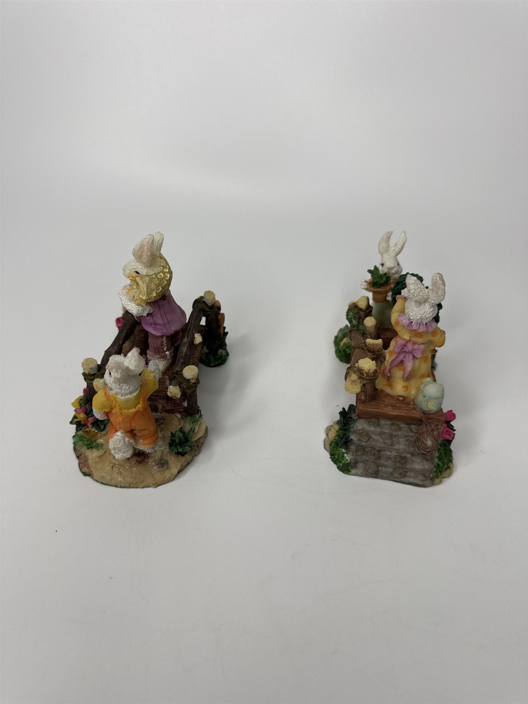 Set of 2 K's Collection Easter Bunny Rabbit Wooden Bridges Resin Figurines