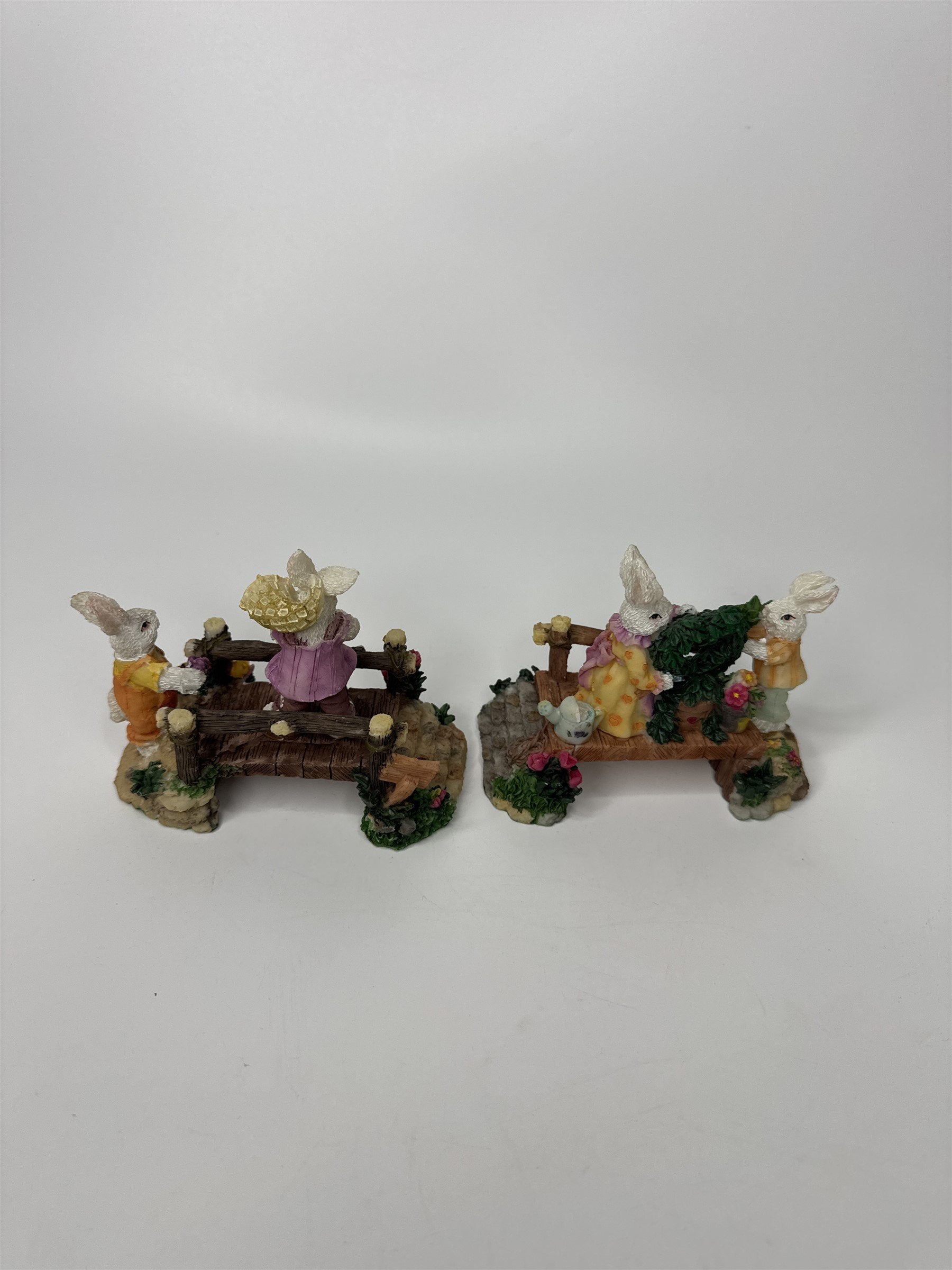 Set of 2 K's Collection Easter Bunny Rabbit Wooden Bridges Resin Figurines