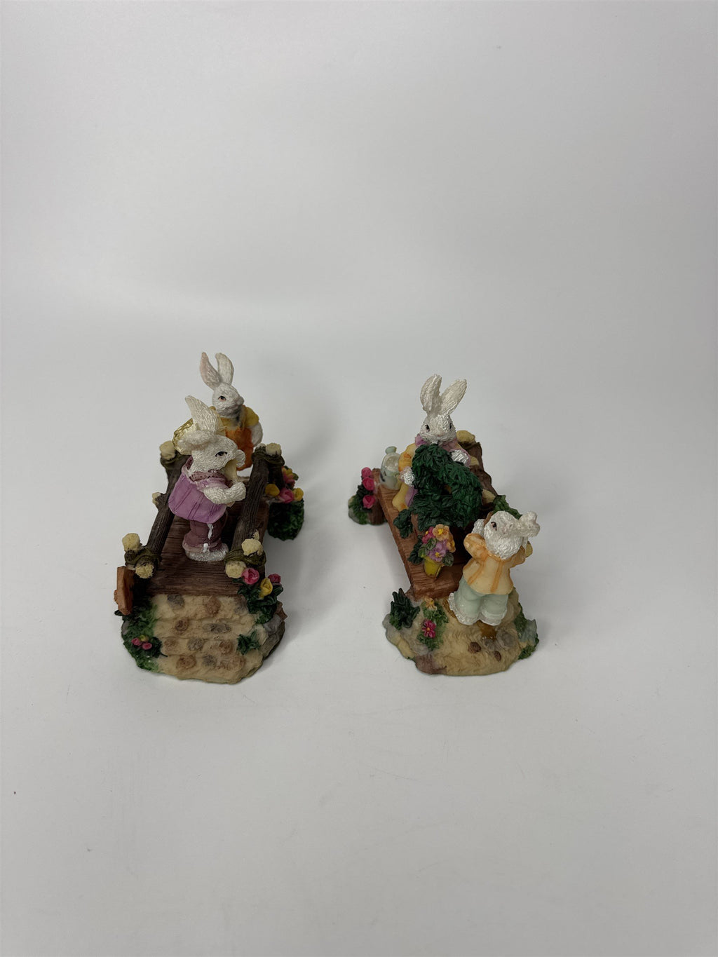 Set of 2 K's Collection Easter Bunny Rabbit Wooden Bridges Resin Figurines
