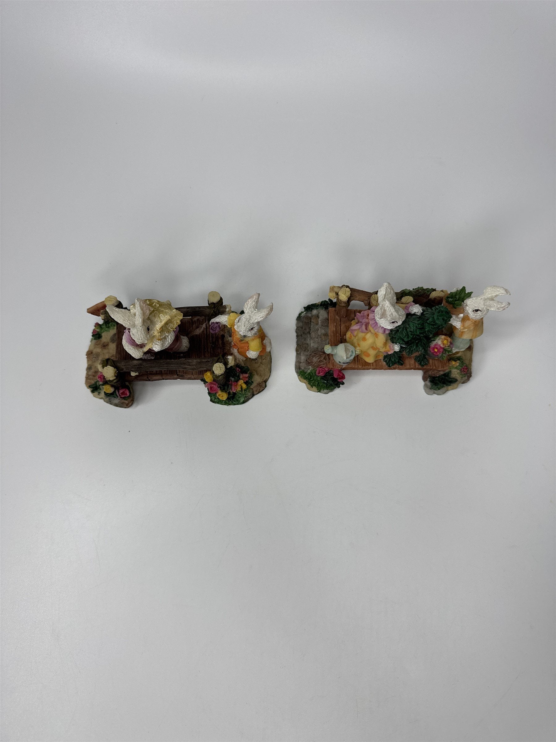 Set of 2 K's Collection Easter Bunny Rabbit Wooden Bridges Resin Figurines