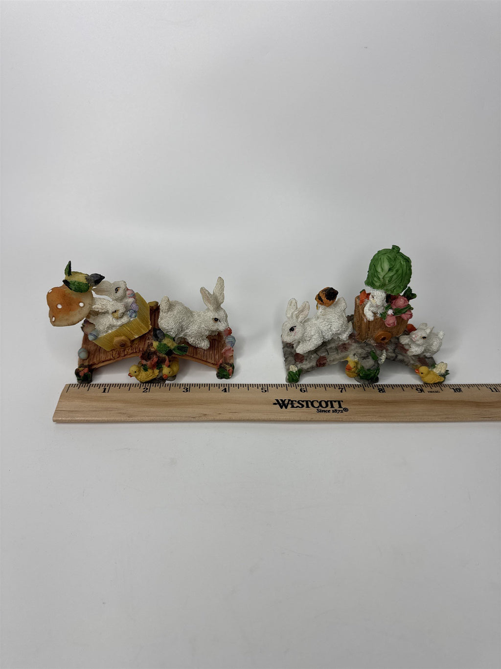 Set of 2 Easter Bunny Rabbit Wooden Bridges Mushroom Ducklings Resin Figurines