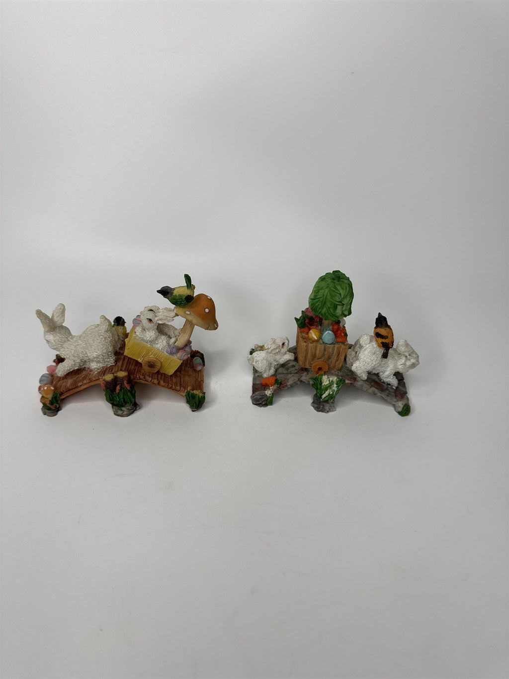 Set of 2 Easter Bunny Rabbit Wooden Bridges Mushroom Ducklings Resin Figurines