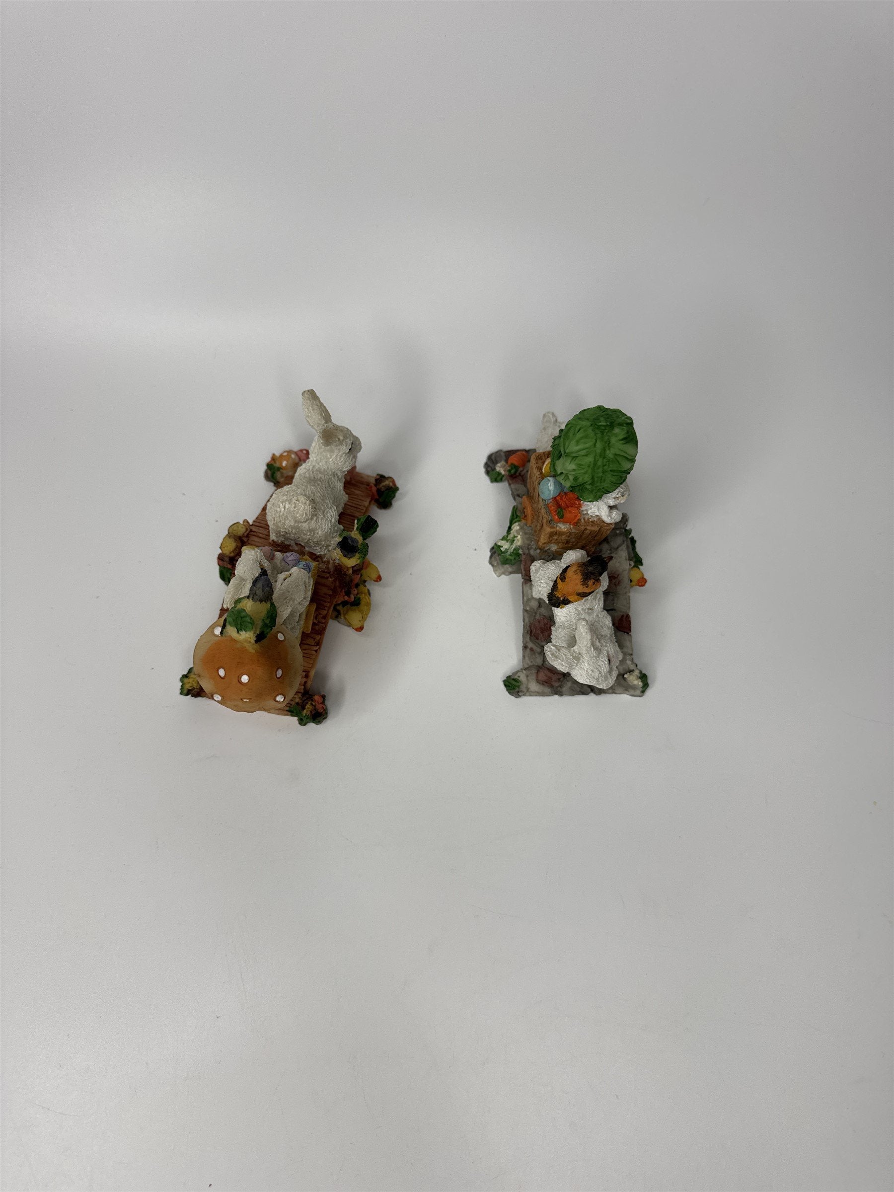 Set of 2 Easter Bunny Rabbit Wooden Bridges Mushroom Ducklings Resin Figurines