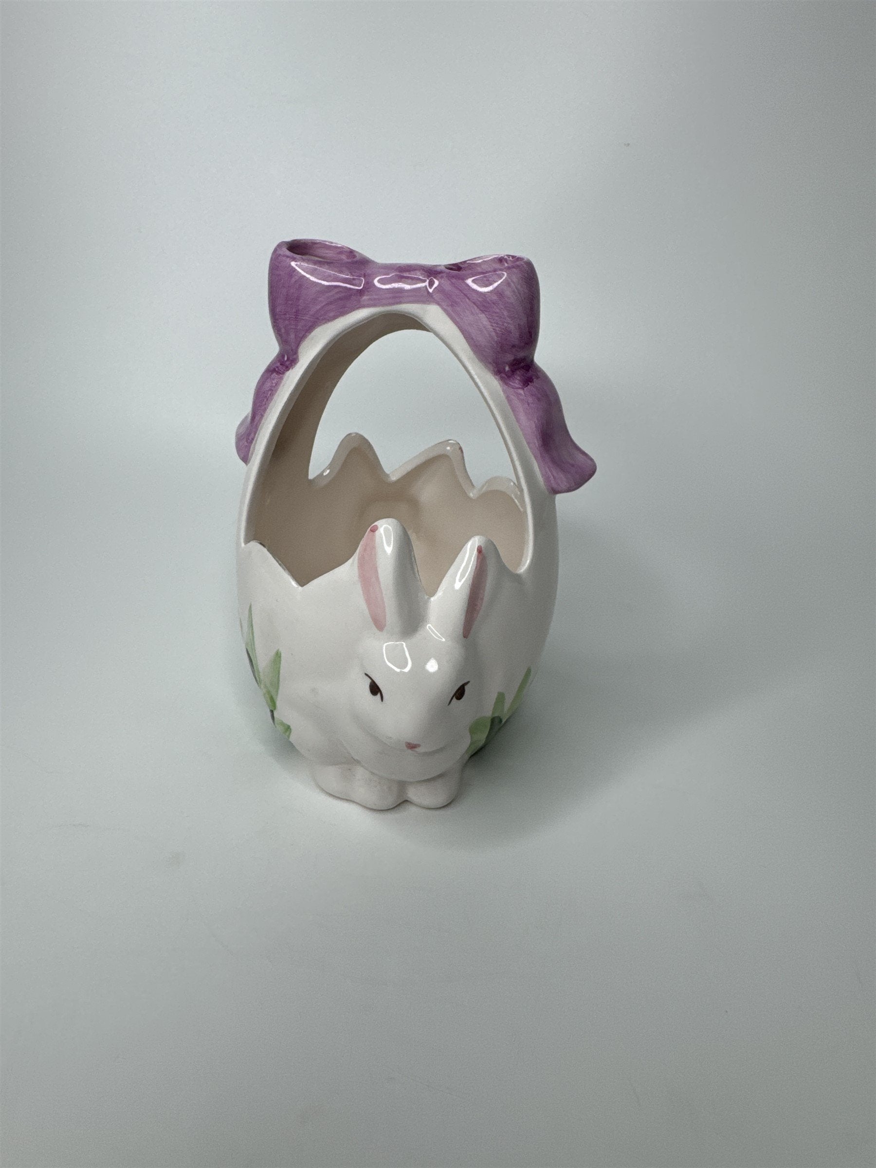 Vintage K's Collection Ceramic Easter Bunny Basket Purple Bow Decor Planter