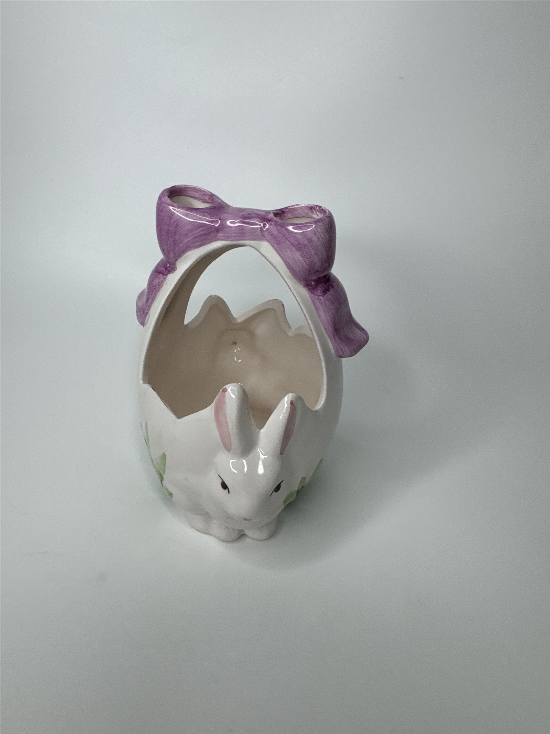 Vintage K's Collection Ceramic Easter Bunny Basket Purple Bow Decor Planter