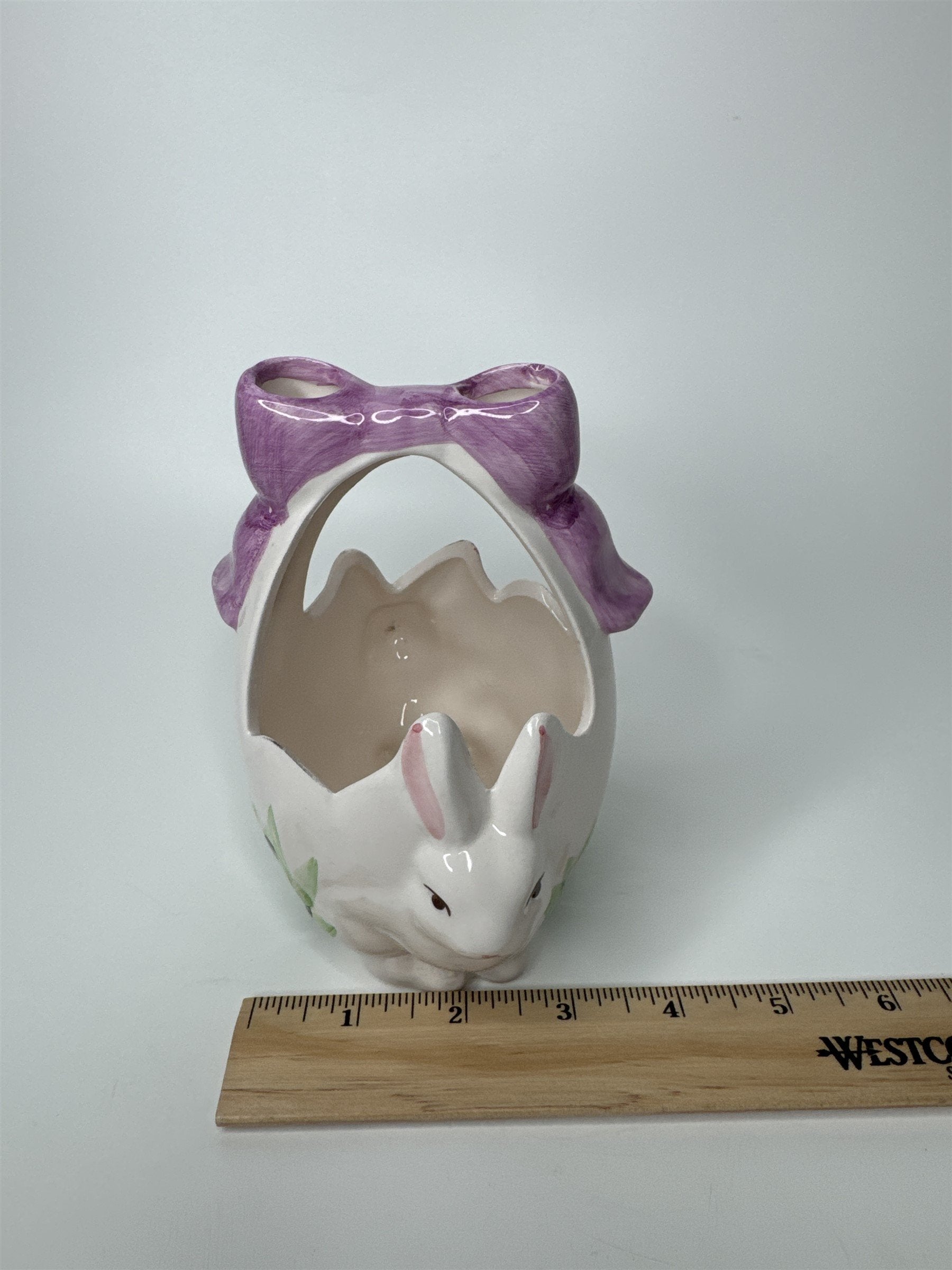 Vintage K's Collection Ceramic Easter Bunny Basket Purple Bow Decor Planter