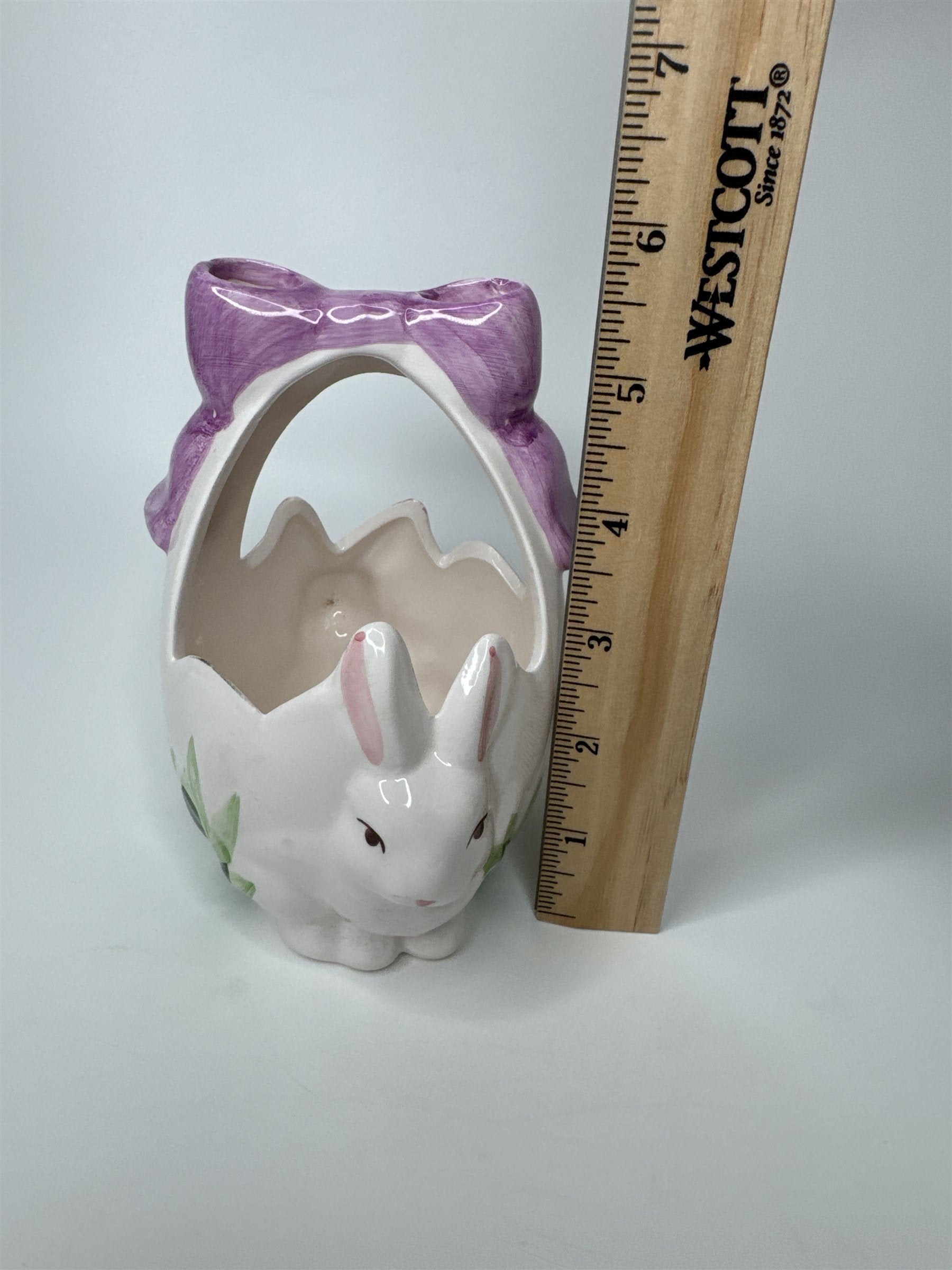 Vintage K's Collection Ceramic Easter Bunny Basket Purple Bow Decor Planter