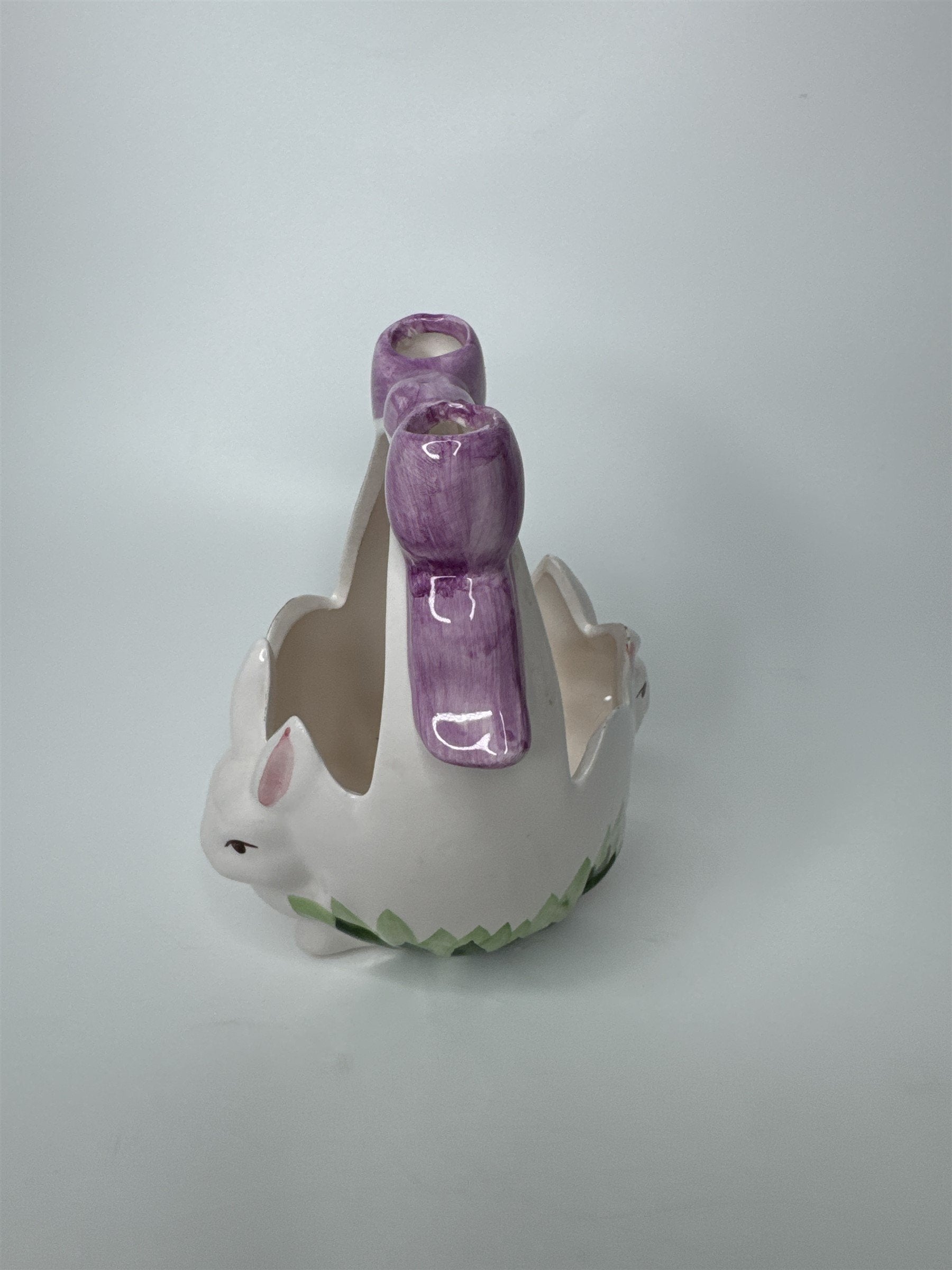 Vintage K's Collection Ceramic Easter Bunny Basket Purple Bow Decor Planter