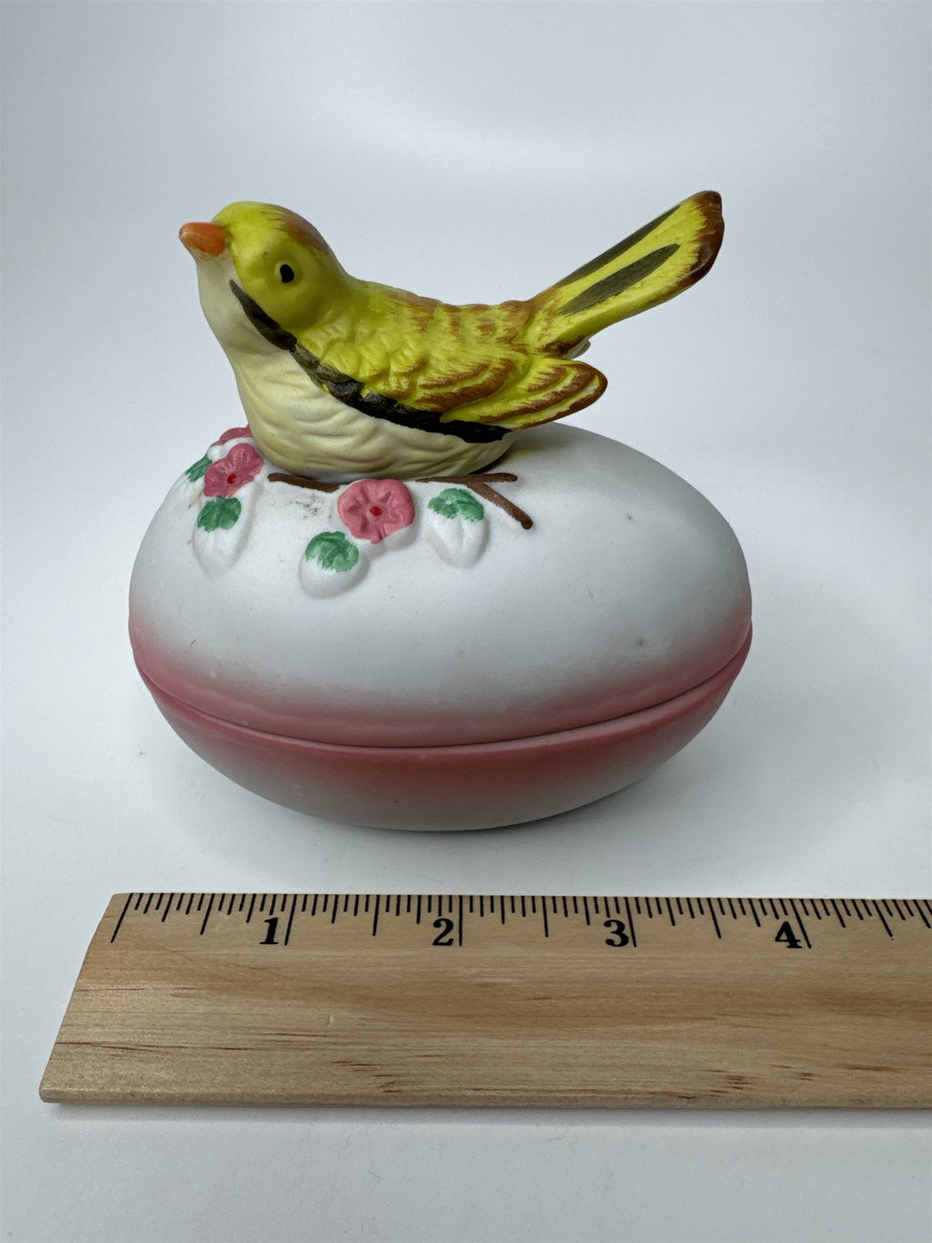 Vintage Porcelain Egg Trinket Box with Yellow Bird Songbird Made in Taiwan