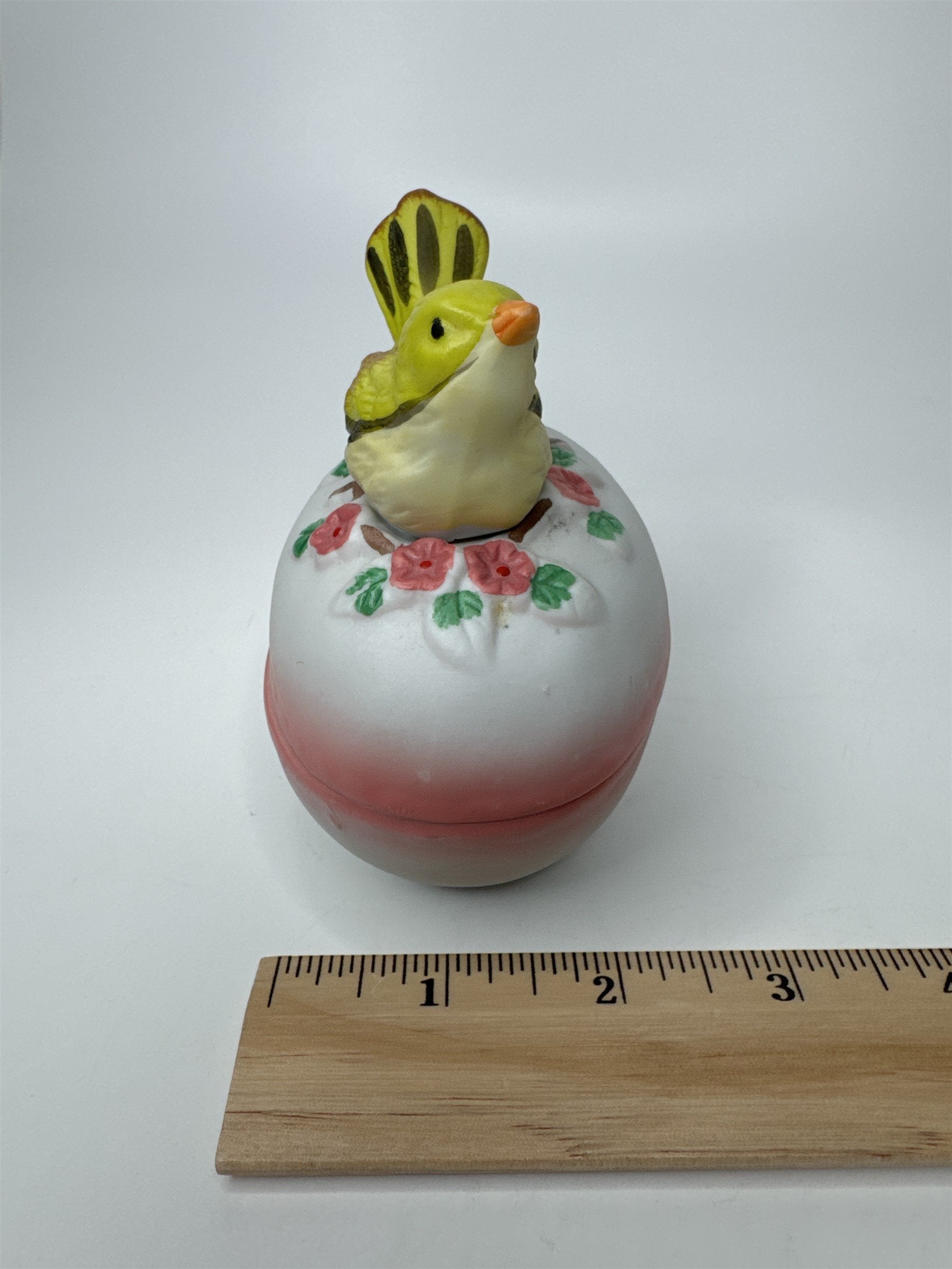 Vintage Porcelain Egg Trinket Box with Yellow Bird Songbird Made in Taiwan