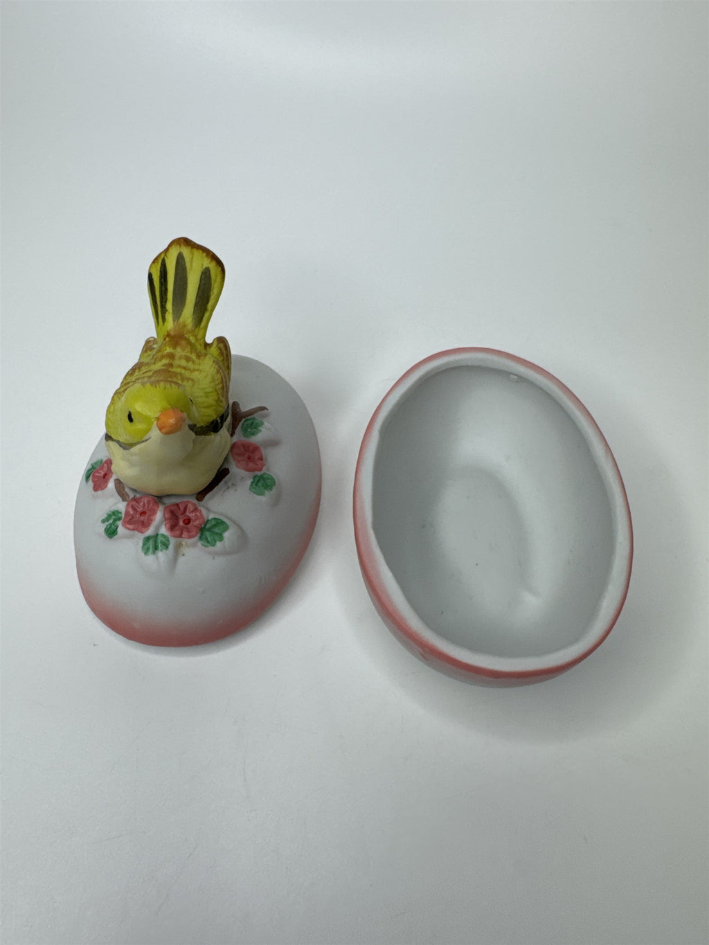 Vintage Porcelain Egg Trinket Box with Yellow Bird Songbird Made in Taiwan