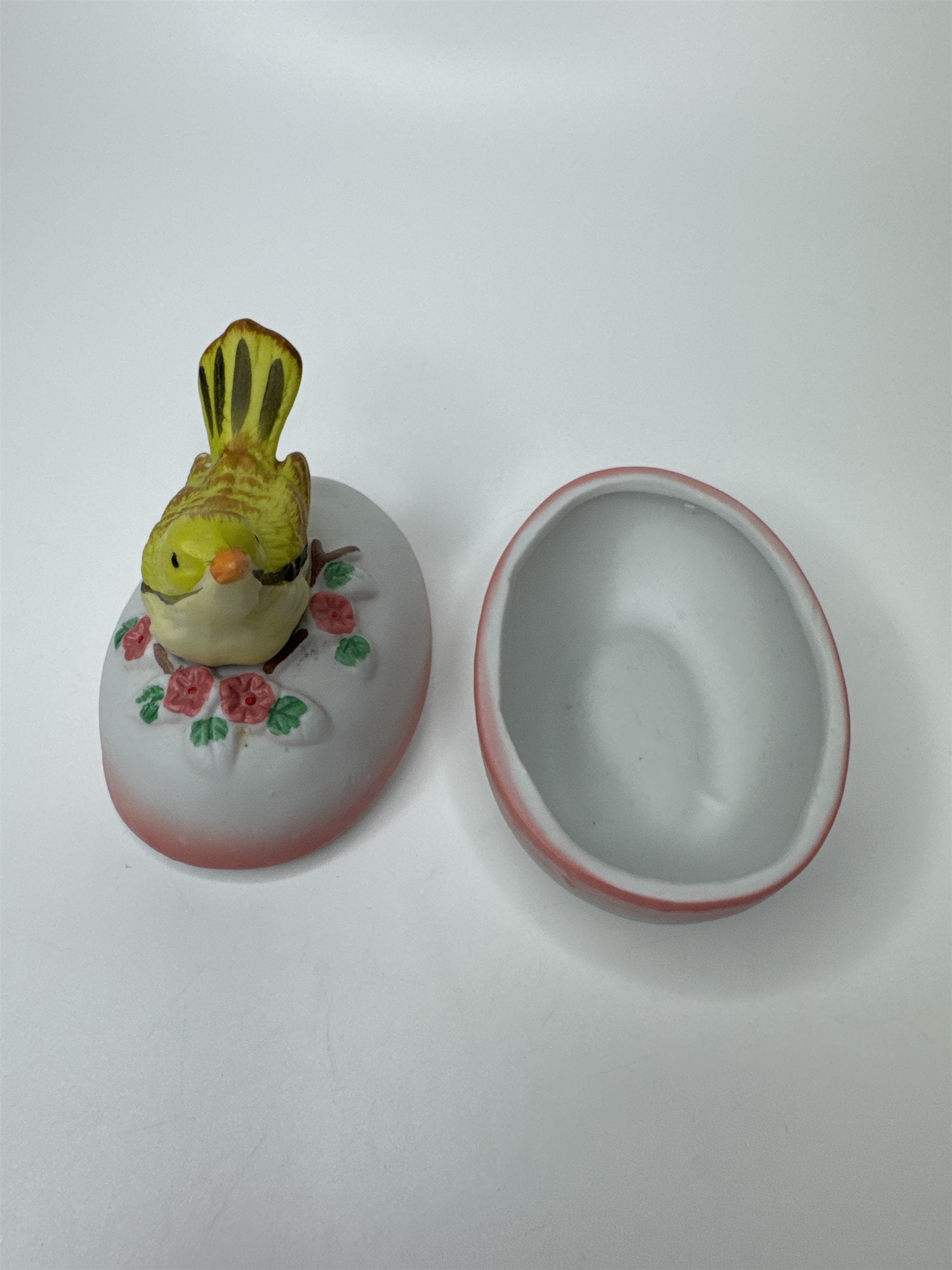 Vintage Porcelain Egg Trinket Box with Yellow Bird Songbird Made in Taiwan