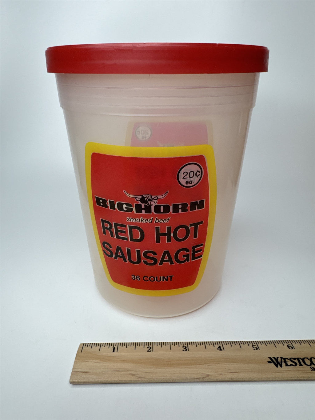 Vintage Bighorn Smoked Beef Red Hot Sausage Plastic Tub