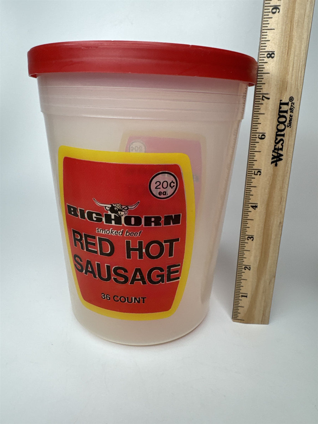 Vintage Bighorn Smoked Beef Red Hot Sausage Plastic Tub