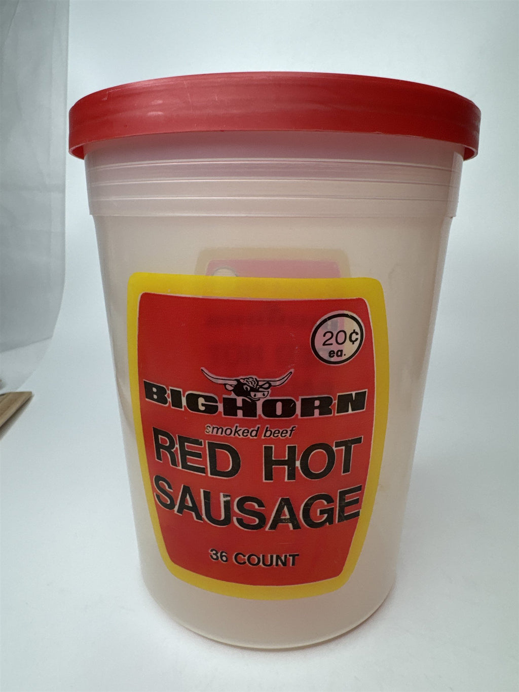 Vintage Bighorn Smoked Beef Red Hot Sausage Plastic Tub