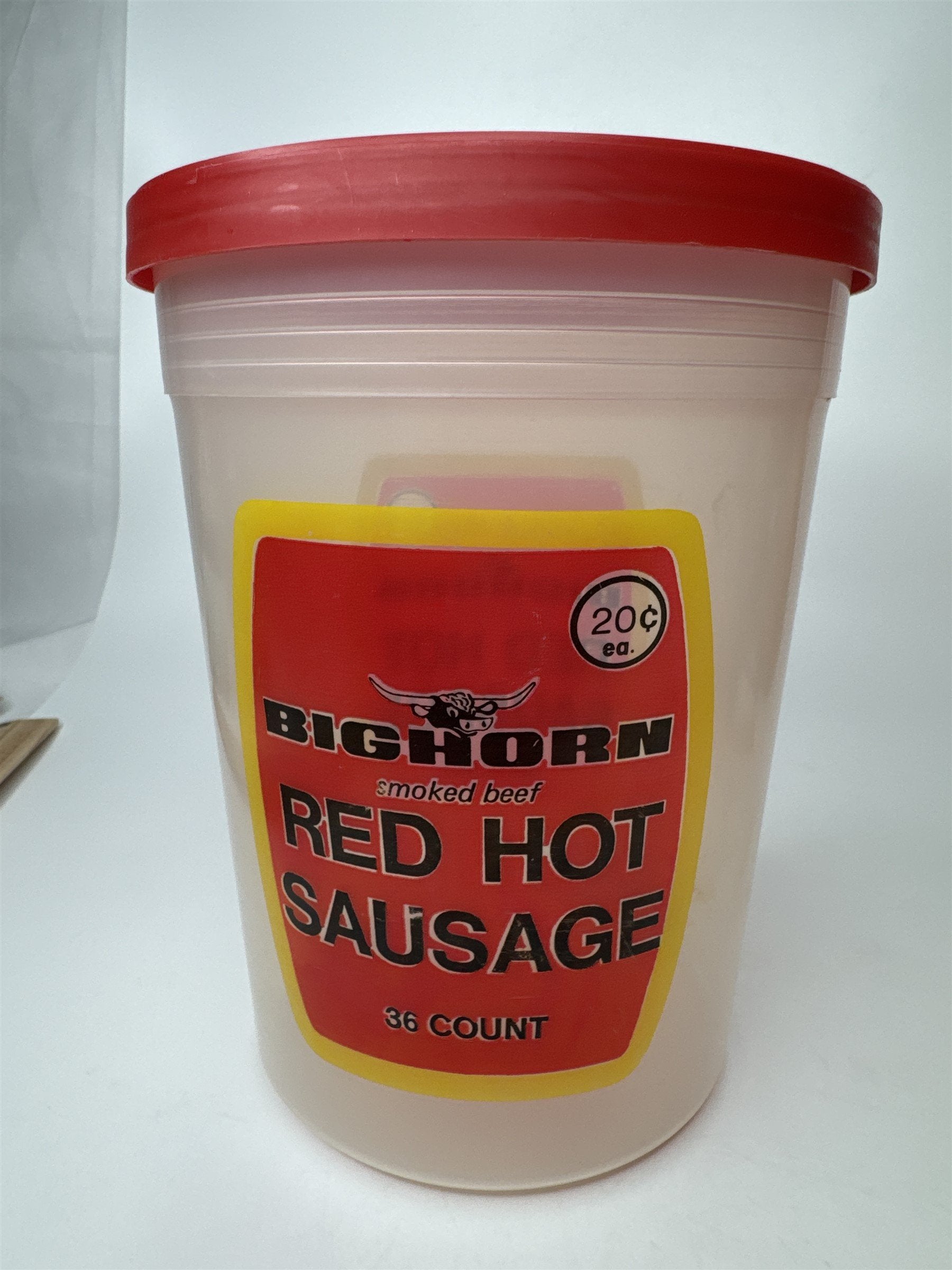 Vintage Bighorn Smoked Beef Red Hot Sausage Plastic Tub