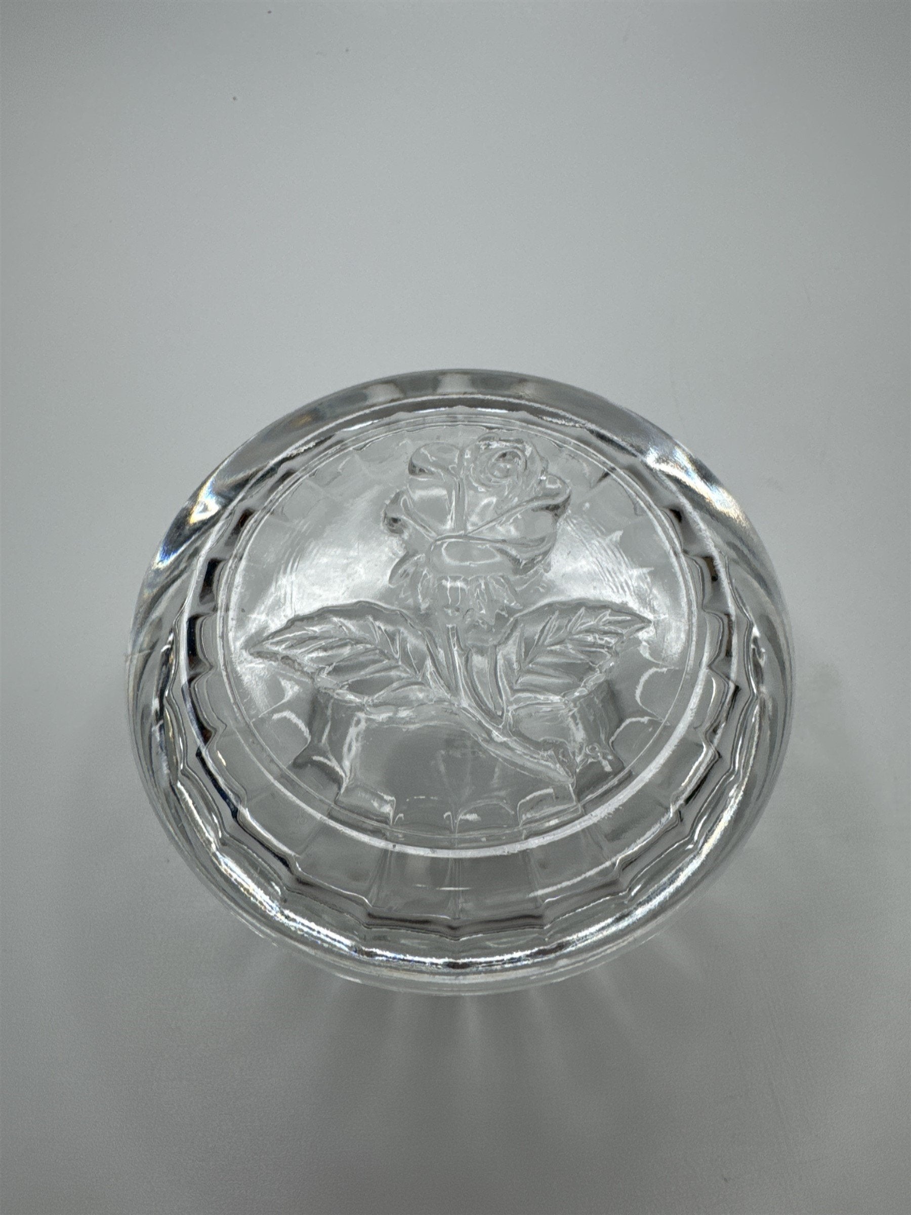 Vintage 3 Inch Clear Bormioli Glass Trinket Dish with Rose Made In Italy
