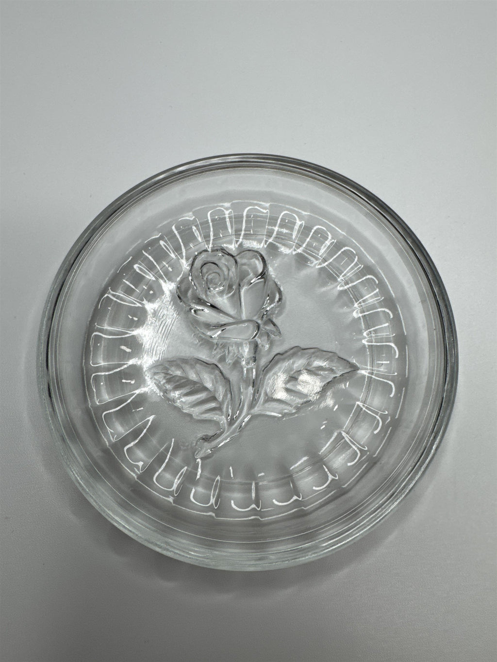 Vintage 3 Inch Clear Bormioli Glass Trinket Dish with Rose Made In Italy
