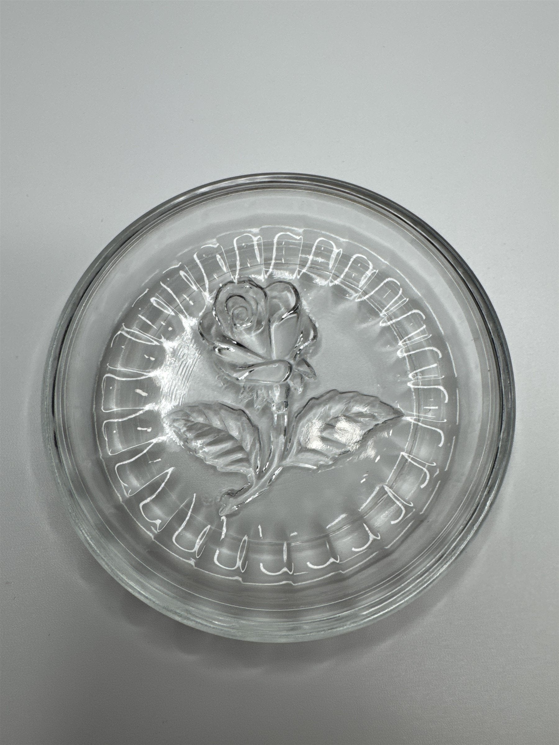 Vintage 3 Inch Clear Bormioli Glass Trinket Dish with Rose Made In Italy