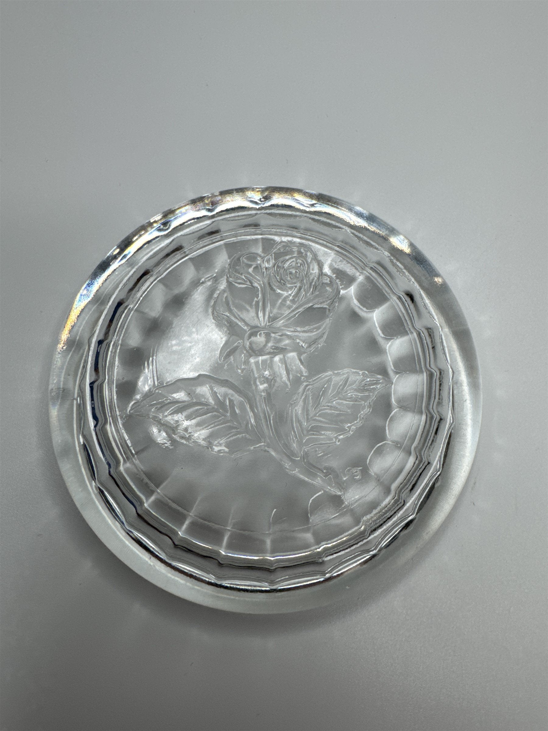 Vintage 3 Inch Clear Bormioli Glass Trinket Dish with Rose Made In Italy