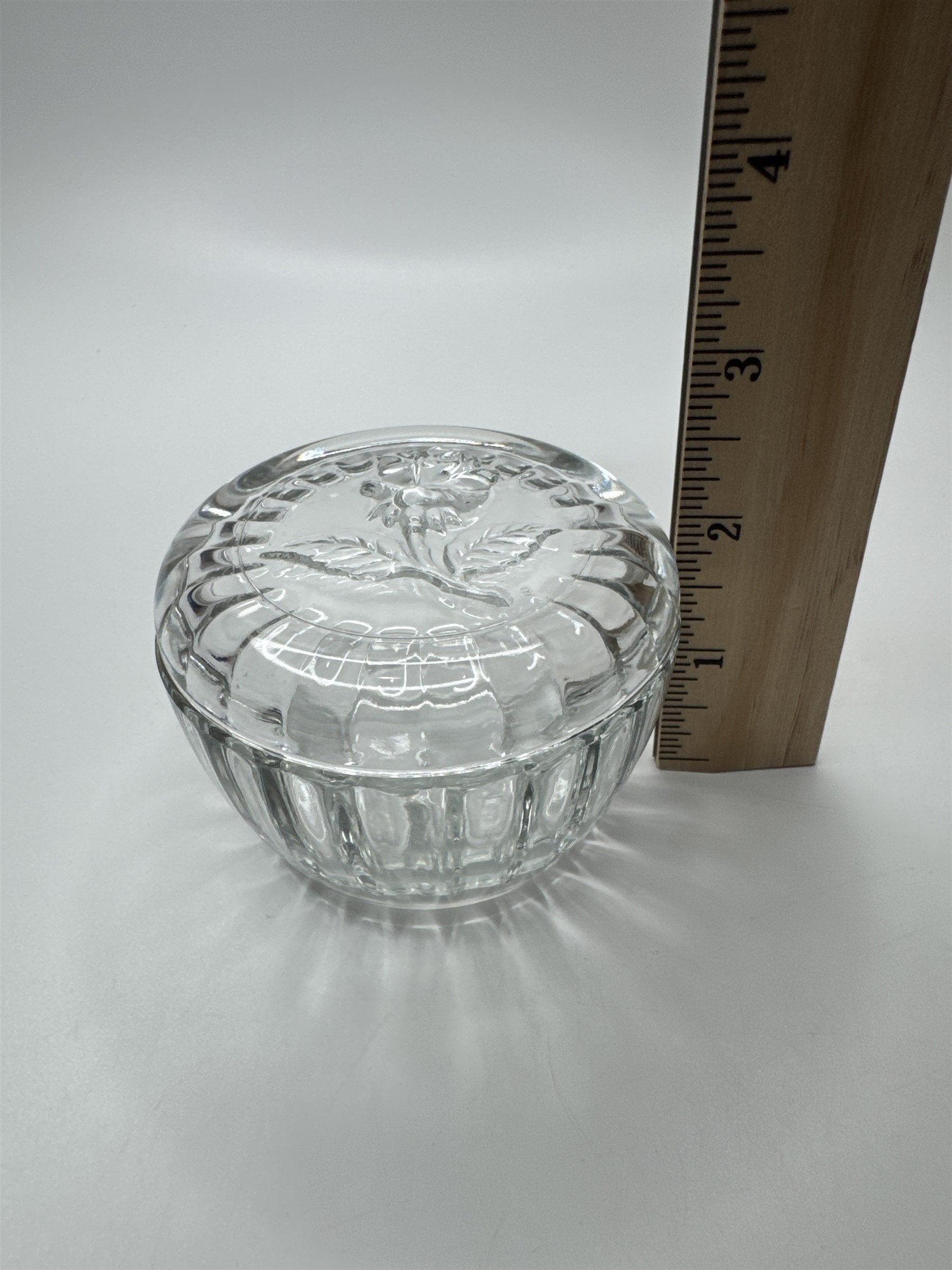 Vintage 3 Inch Clear Bormioli Glass Trinket Dish with Rose Made In Italy